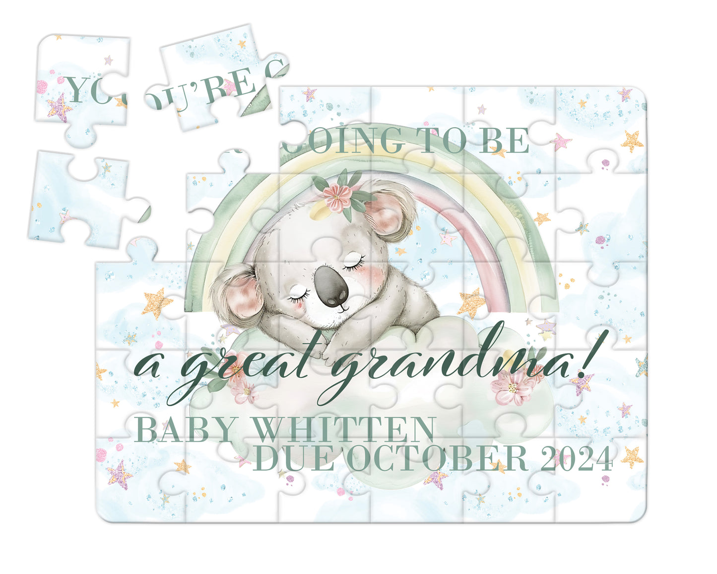 Rainbow Koala, 30pce Wooden Puzzle, Baby Announcement