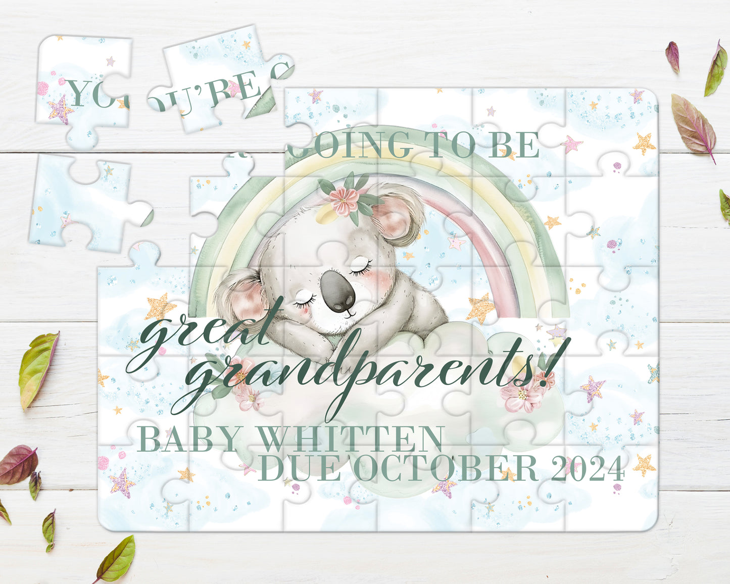 Rainbow Koala, 30pce Wooden Puzzle, Baby Announcement