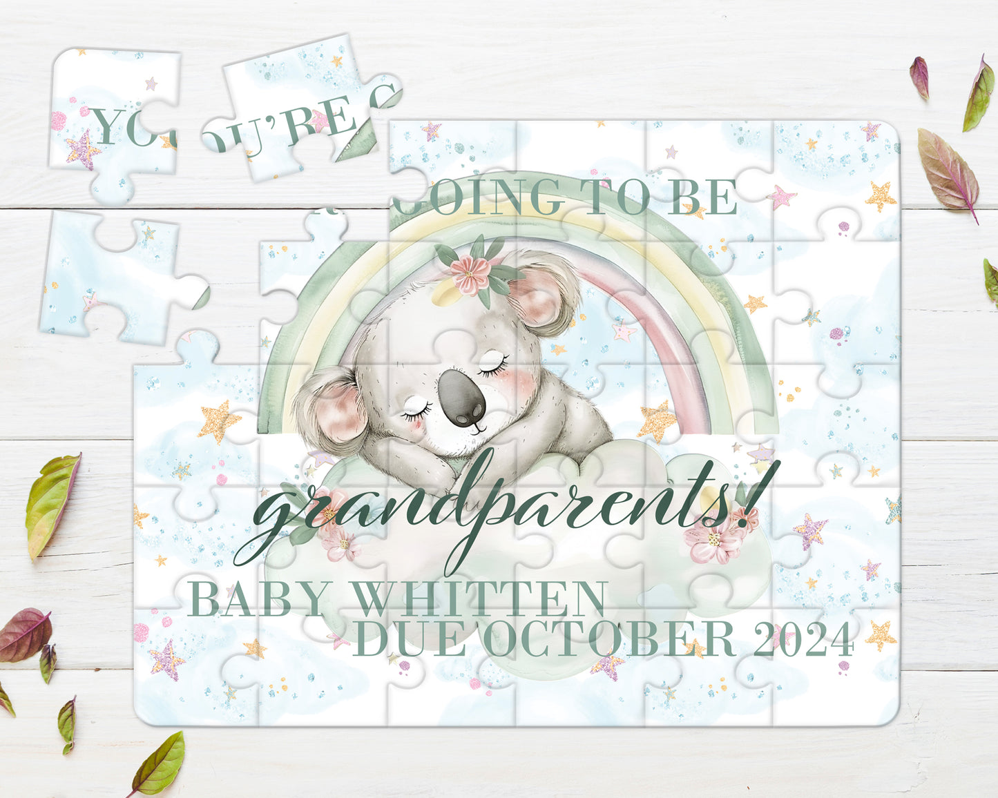 Rainbow Koala, 30pce Wooden Puzzle, Baby Announcement