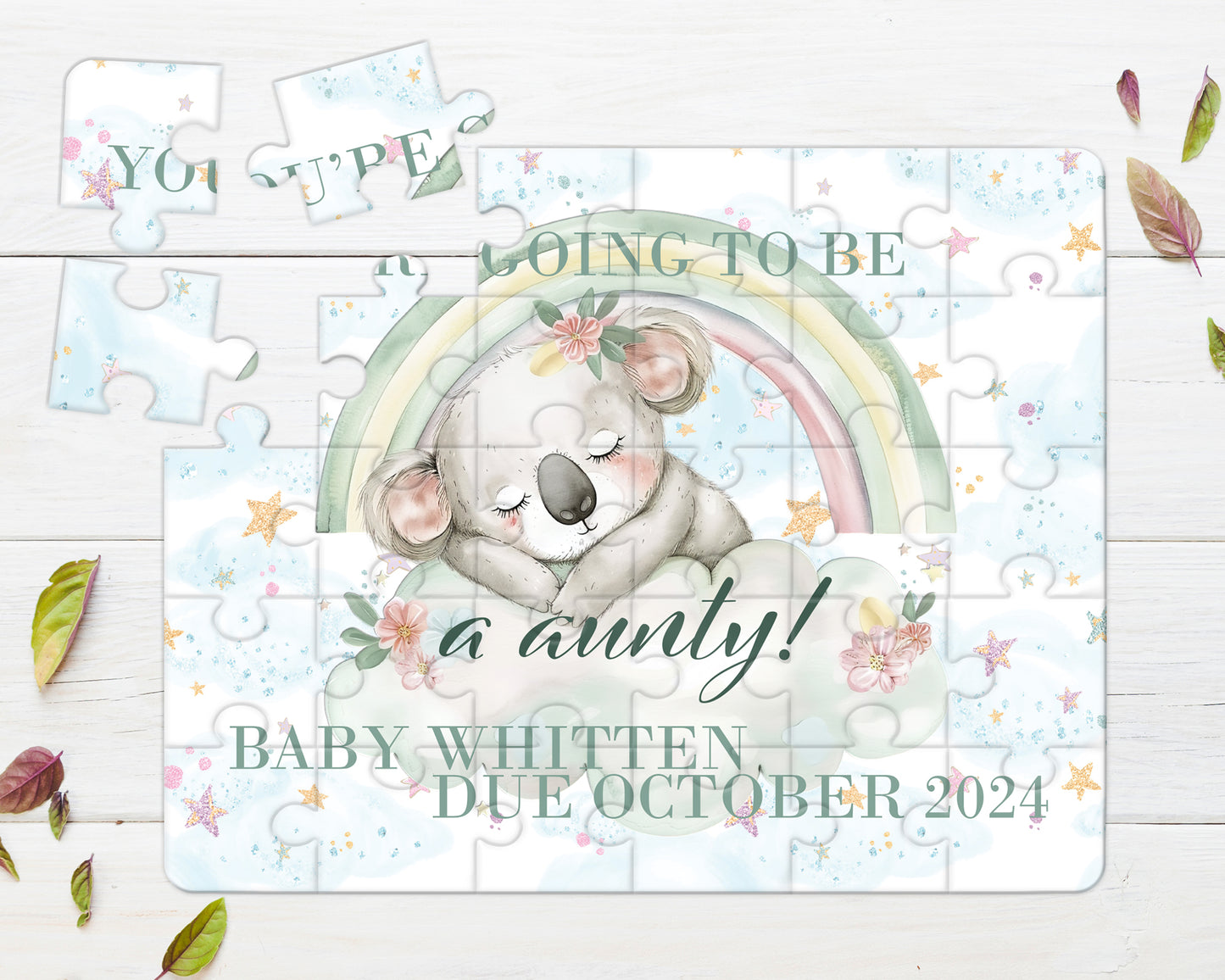 Rainbow Koala, 30pce Wooden Puzzle, Baby Announcement