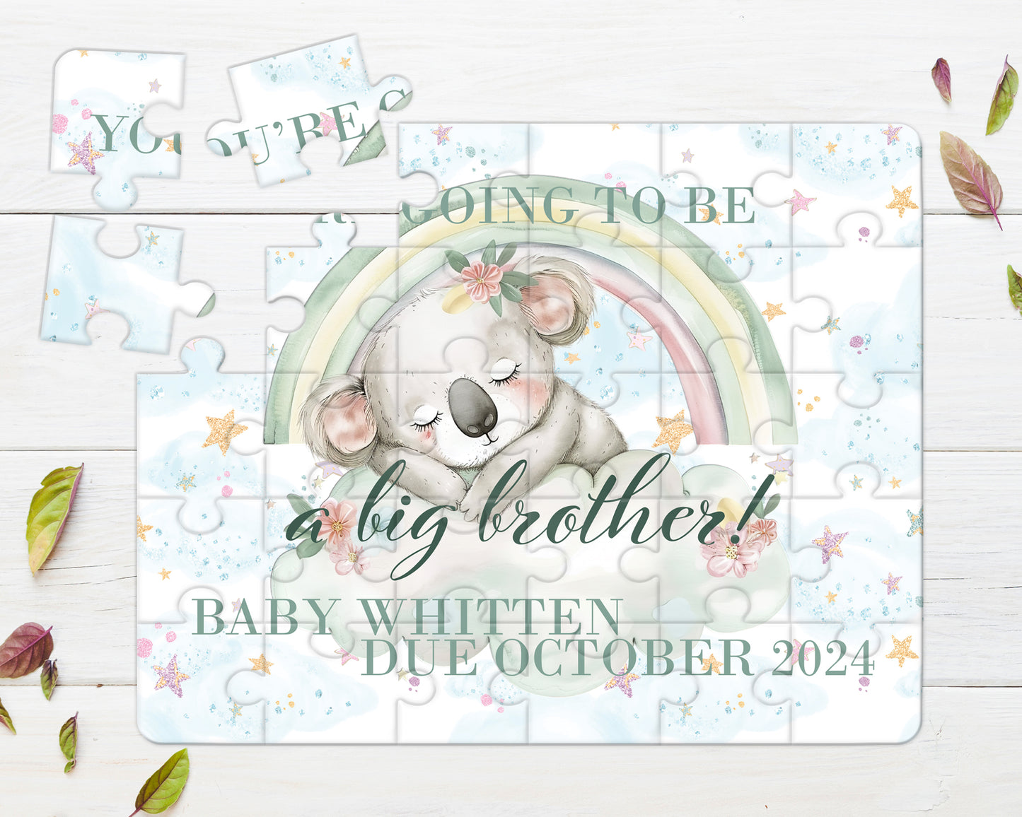 Rainbow Koala, 30pce Wooden Puzzle, Baby Announcement