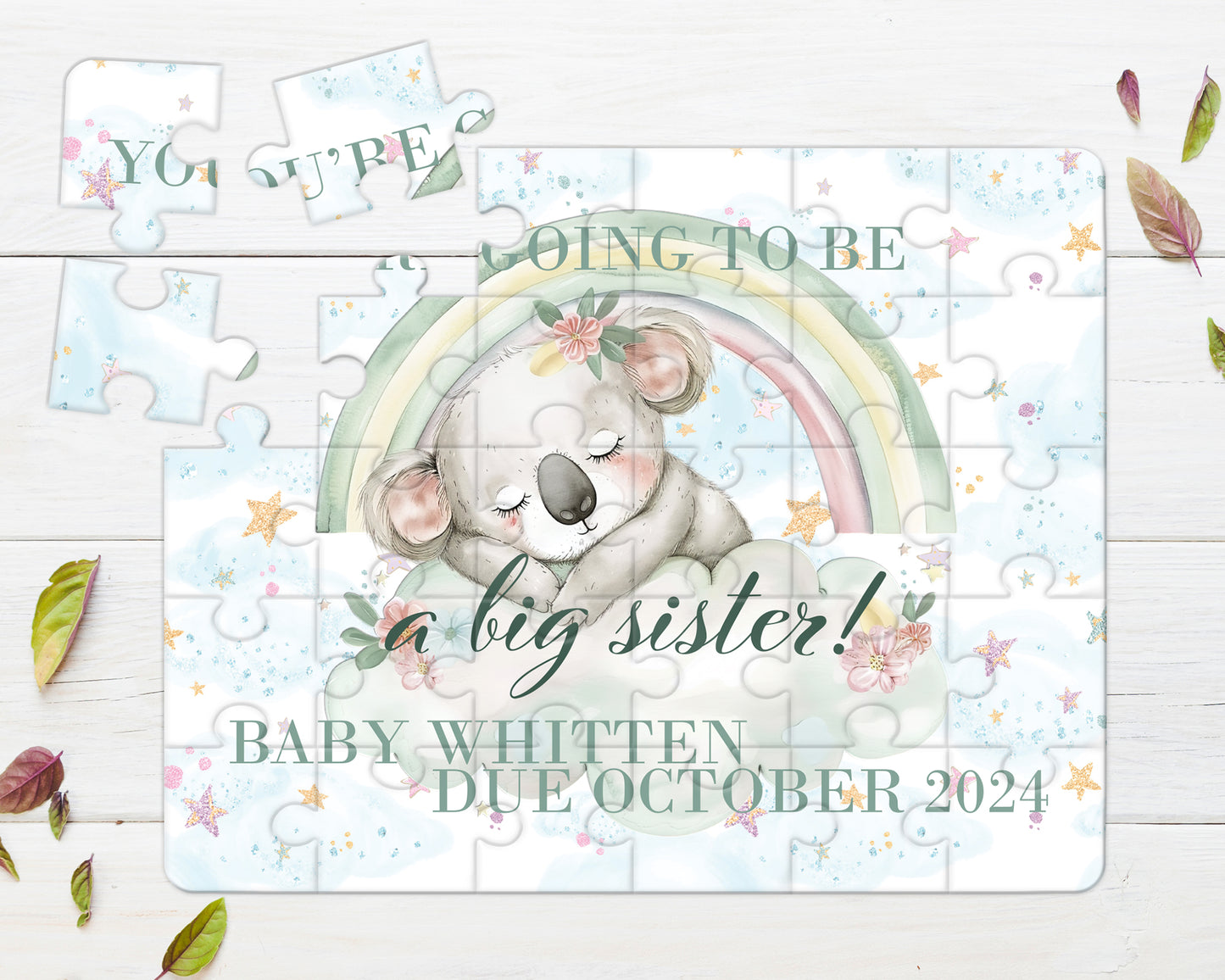 Rainbow Koala, 30pce Wooden Puzzle, Baby Announcement