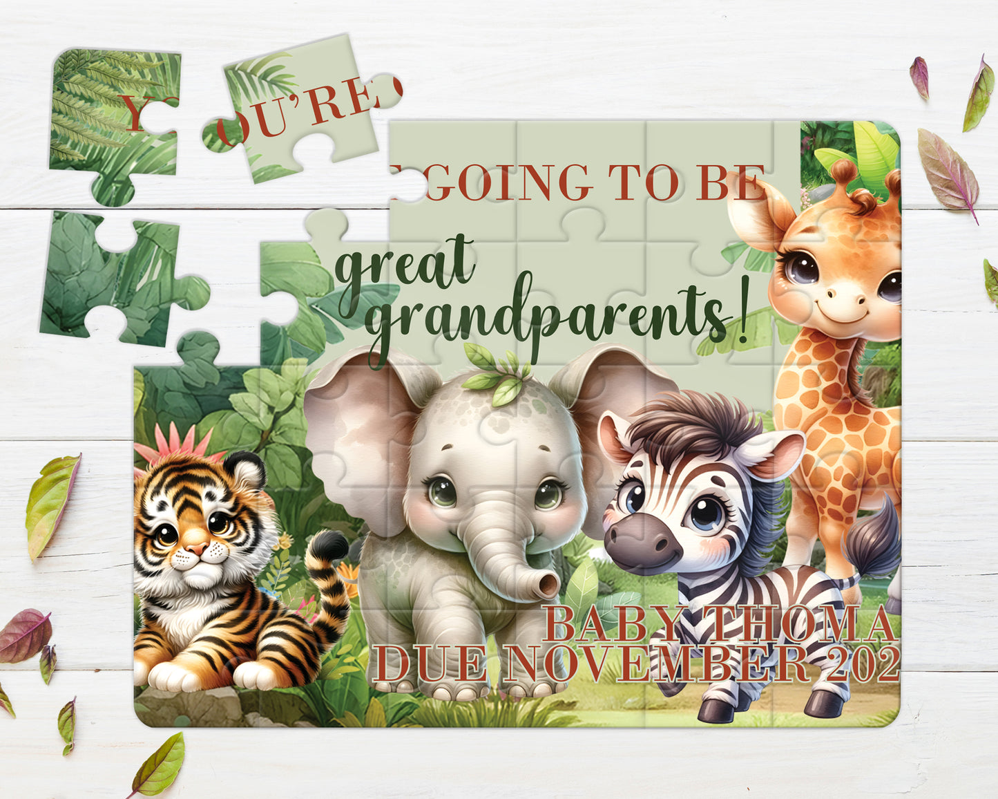 Safari, 30pce Wooden Puzzle, Baby Announcement