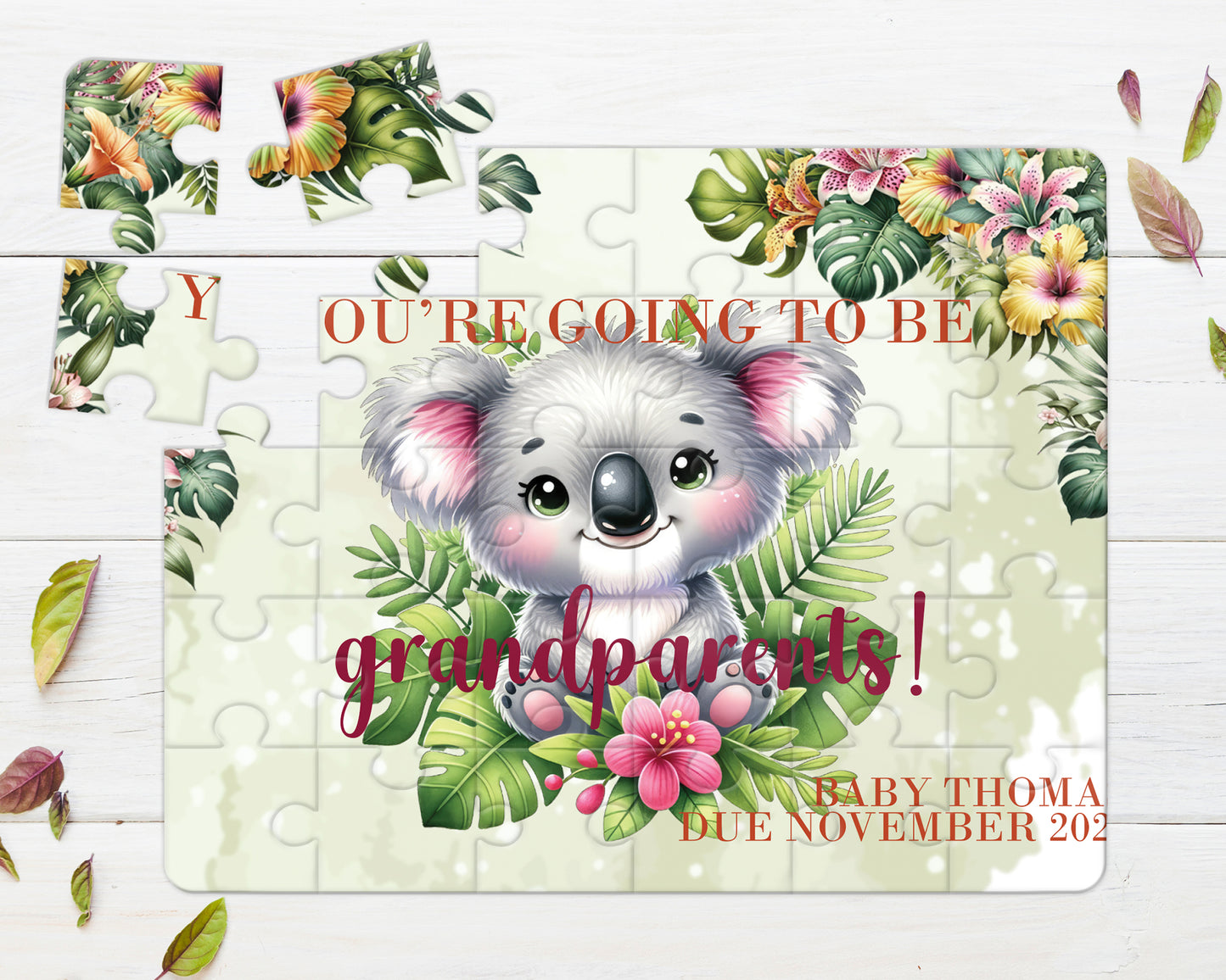 Tropical Koala, 30pce Wooden Puzzle, Baby Announcement