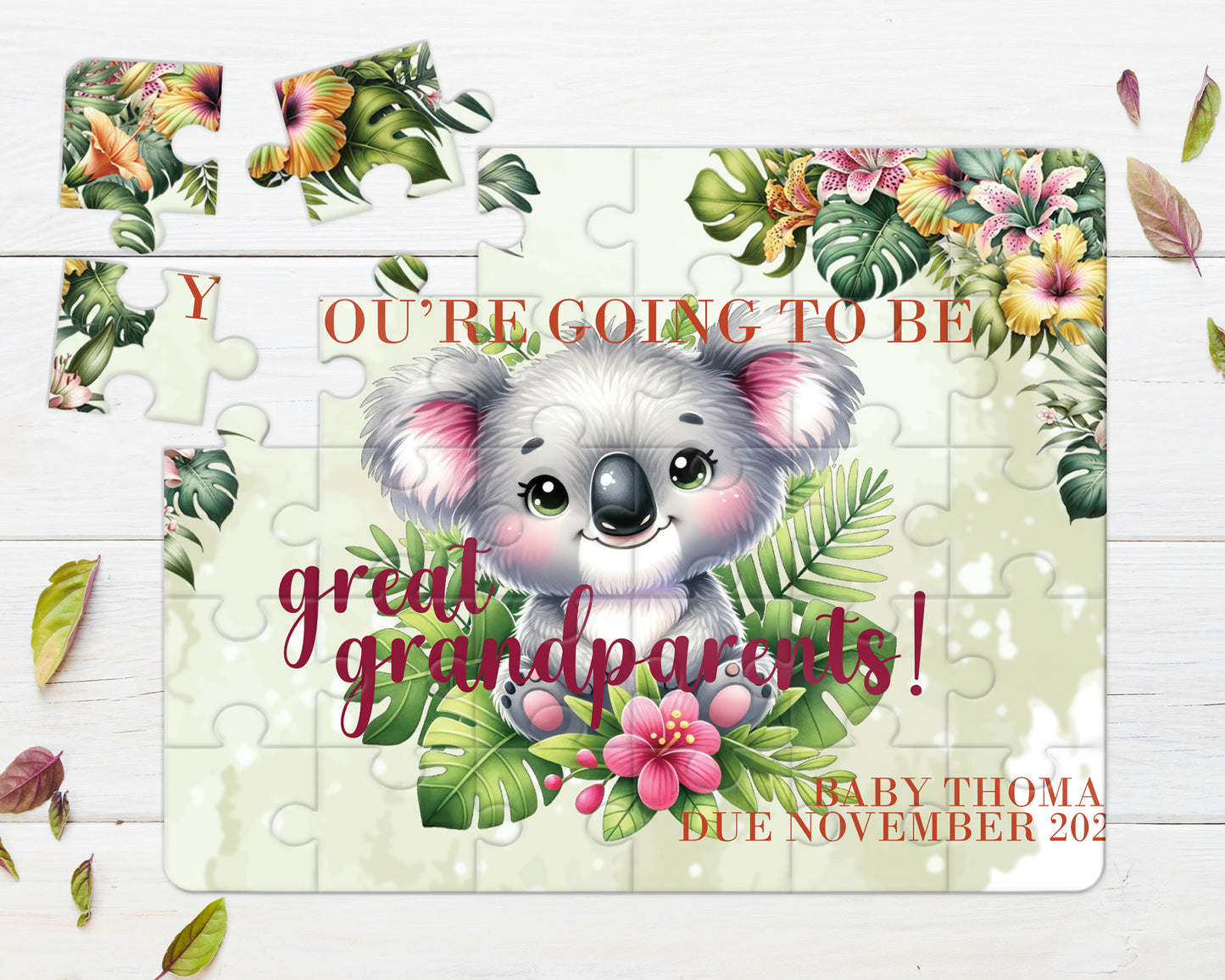 Tropical Koala, 30pce Wooden Puzzle, Baby Announcement