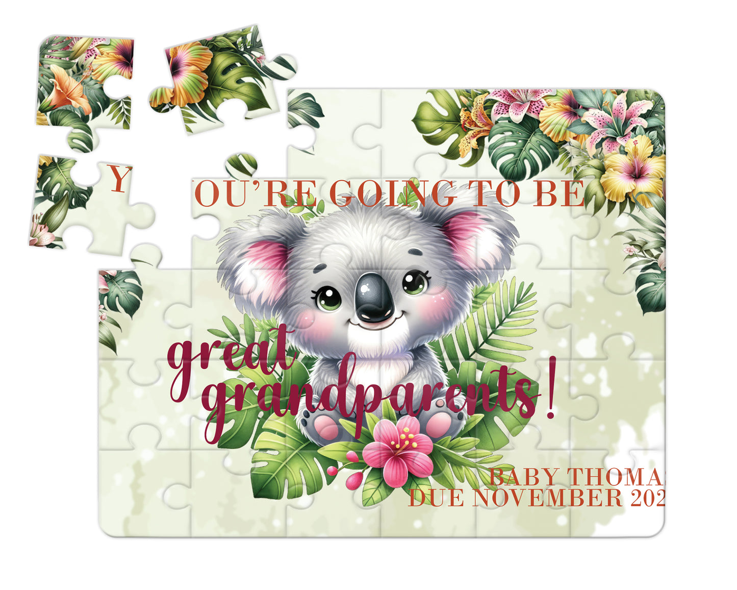 Tropical Koala, 30pce Wooden Puzzle, Baby Announcement