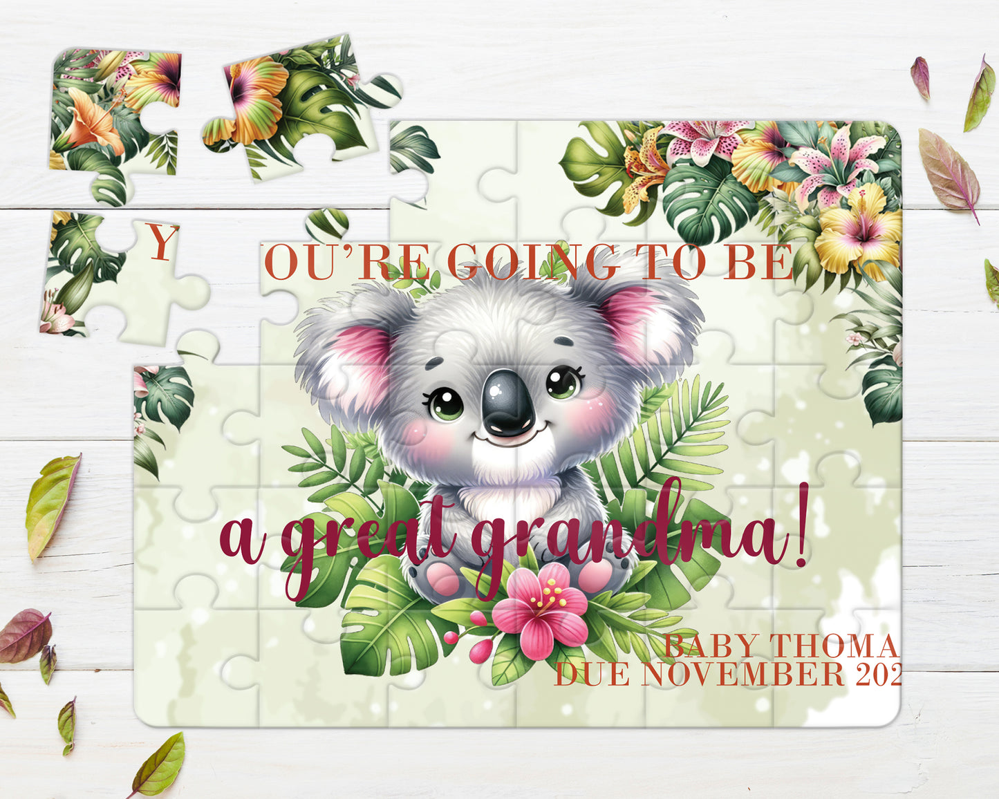 Tropical Koala, 30pce Wooden Puzzle, Baby Announcement