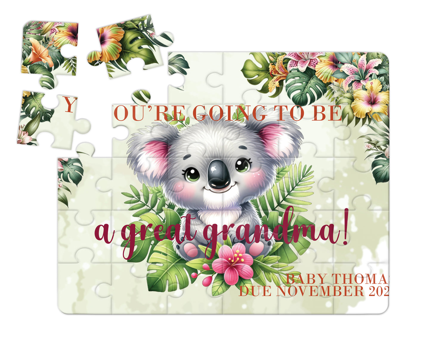 Tropical Koala, 30pce Wooden Puzzle, Baby Announcement