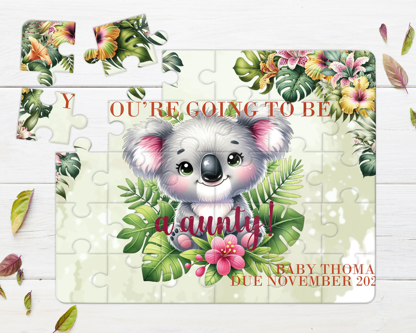 Tropical Koala, 30pce Wooden Puzzle, Baby Announcement