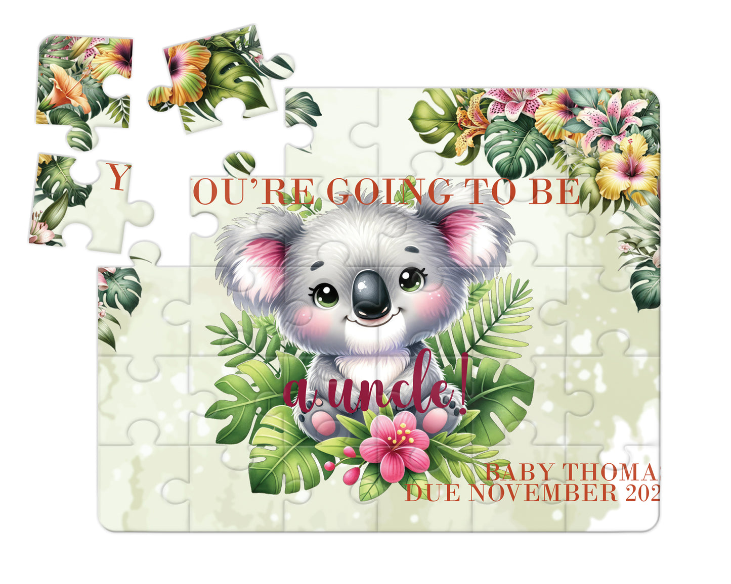 Tropical Koala, 30pce Wooden Puzzle, Baby Announcement