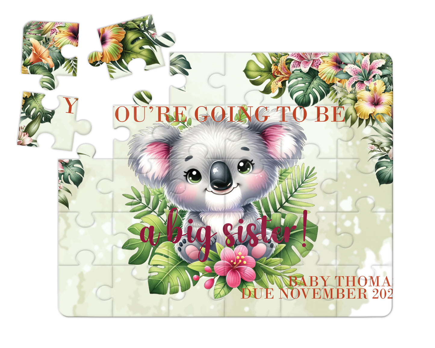 Tropical Koala, 30pce Wooden Puzzle, Baby Announcement