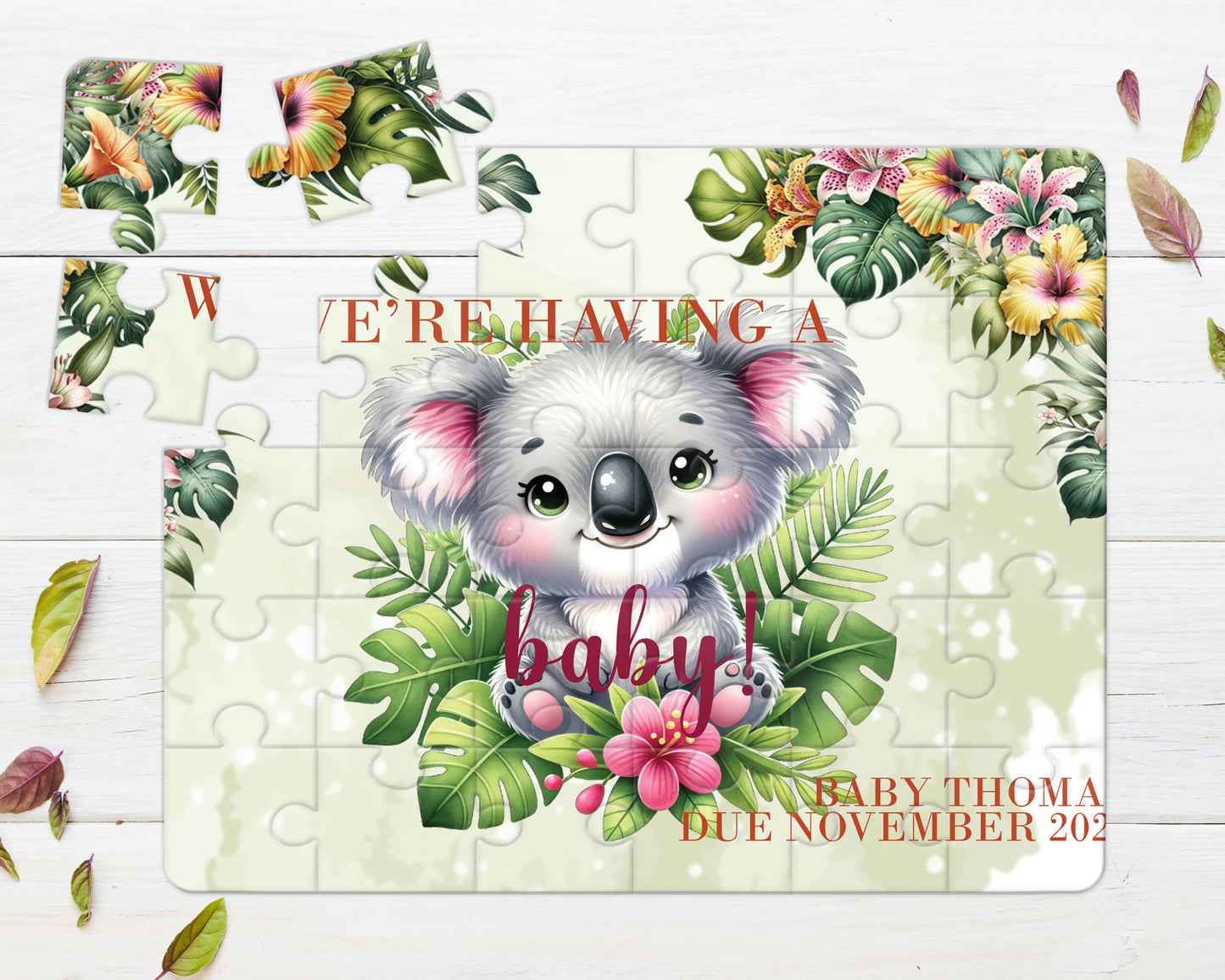 Tropical Koala, 30pce Wooden Puzzle, Baby Announcement