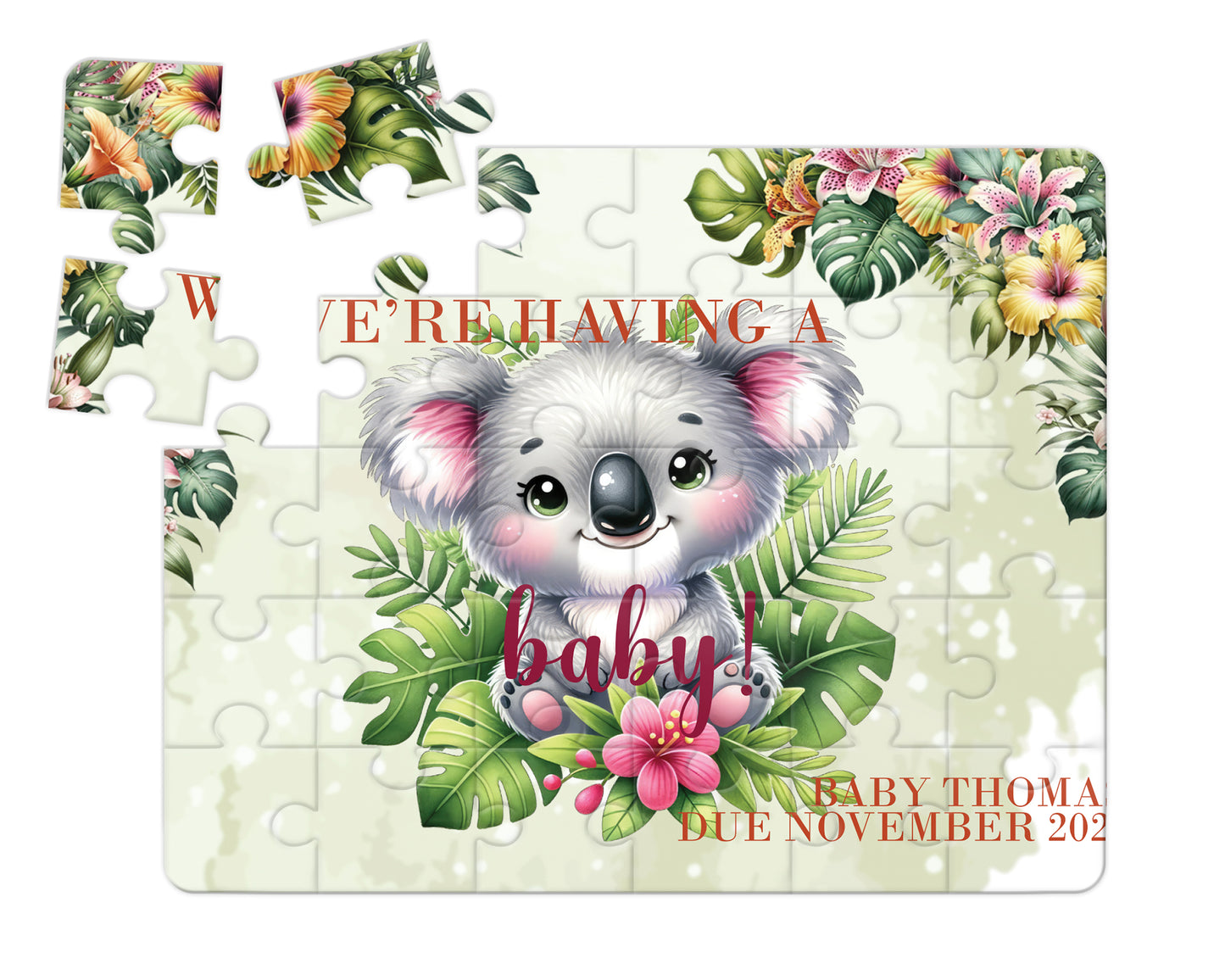 Tropical Koala, 30pce Wooden Puzzle, Baby Announcement