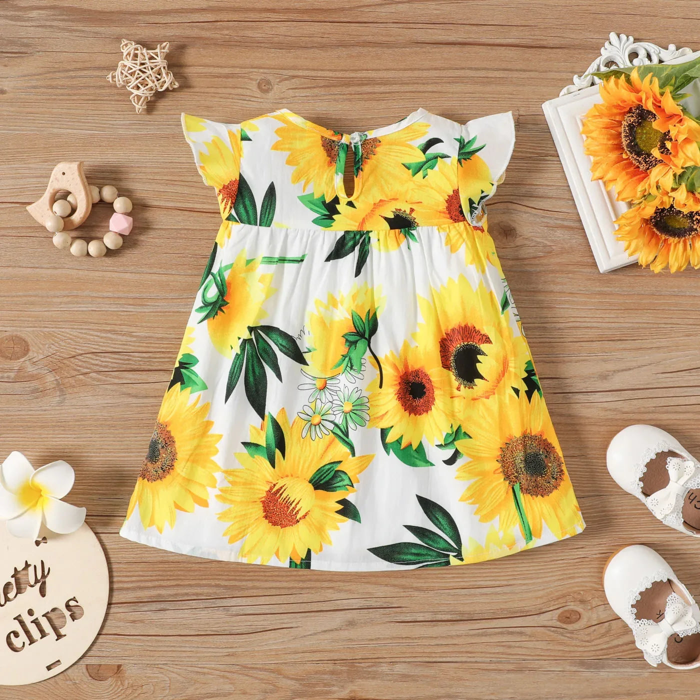 Baby Girl 100% Cotton Cotton Sunflower Print Flutter-sleeve Dress Suitable for Summer Season Soft and Comfortable