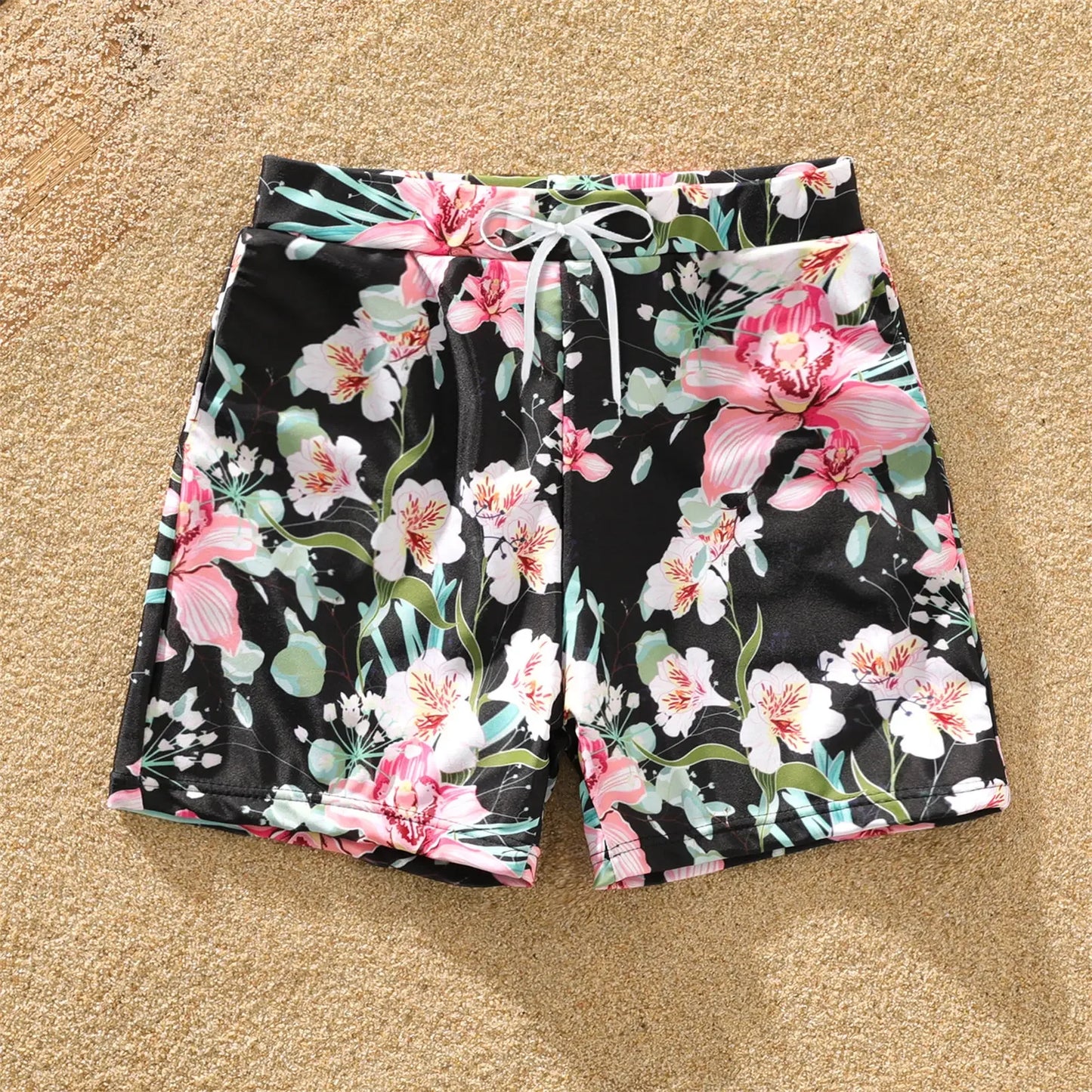 Family Matching All over Floral Print Swim Trunks Shorts and Ruffle-sleeve Belted One-Piece Swimsuit Suitable for Summer