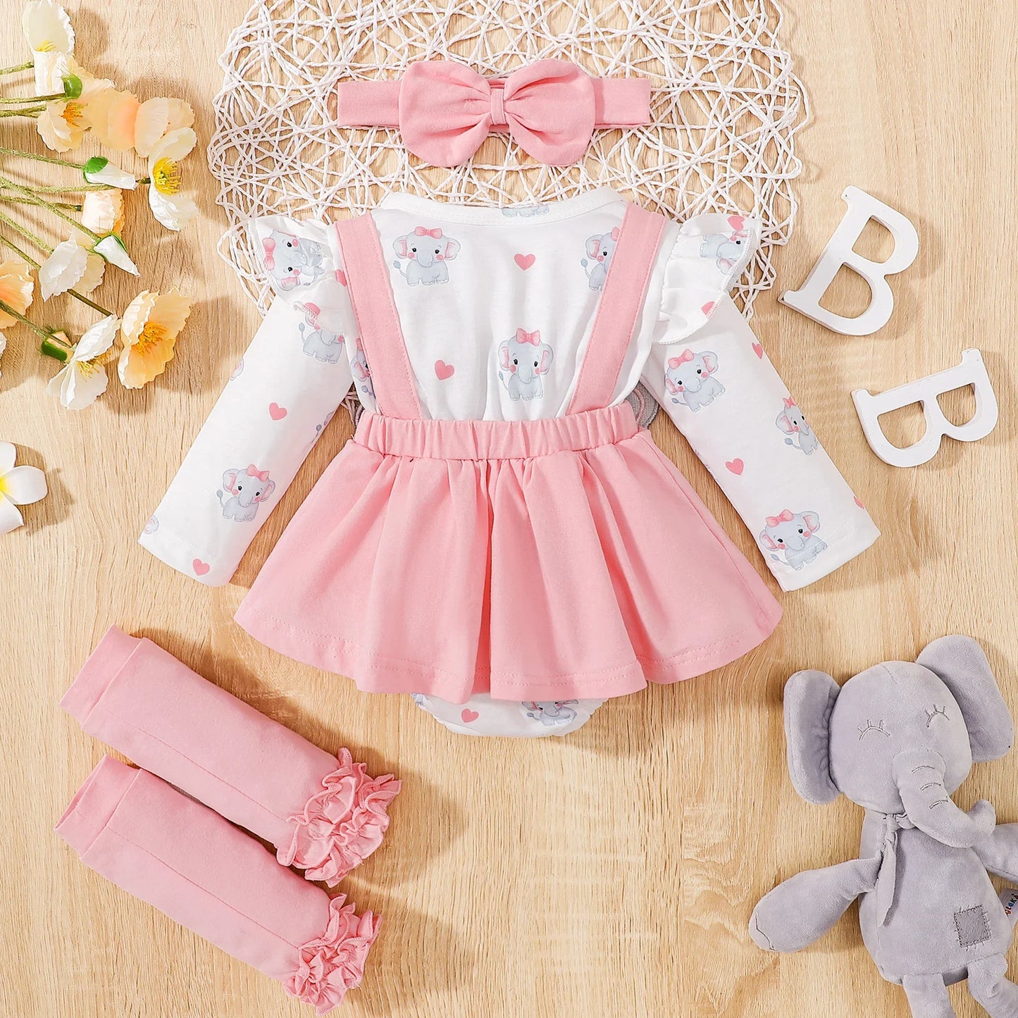 Baby Girl 95% Cotton Long-sleeve Elephant Romper Dress Set Soft and Comfortable  Perfect for Outings 3pcs