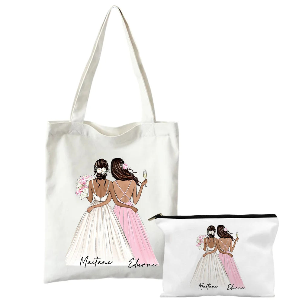 Personalized Shoulder Bag & Makeup Bag Set 2 Pcs Custom Name Bridesmaid Bags Bachelorette Party Bag Bridal Shower Gifts for Her