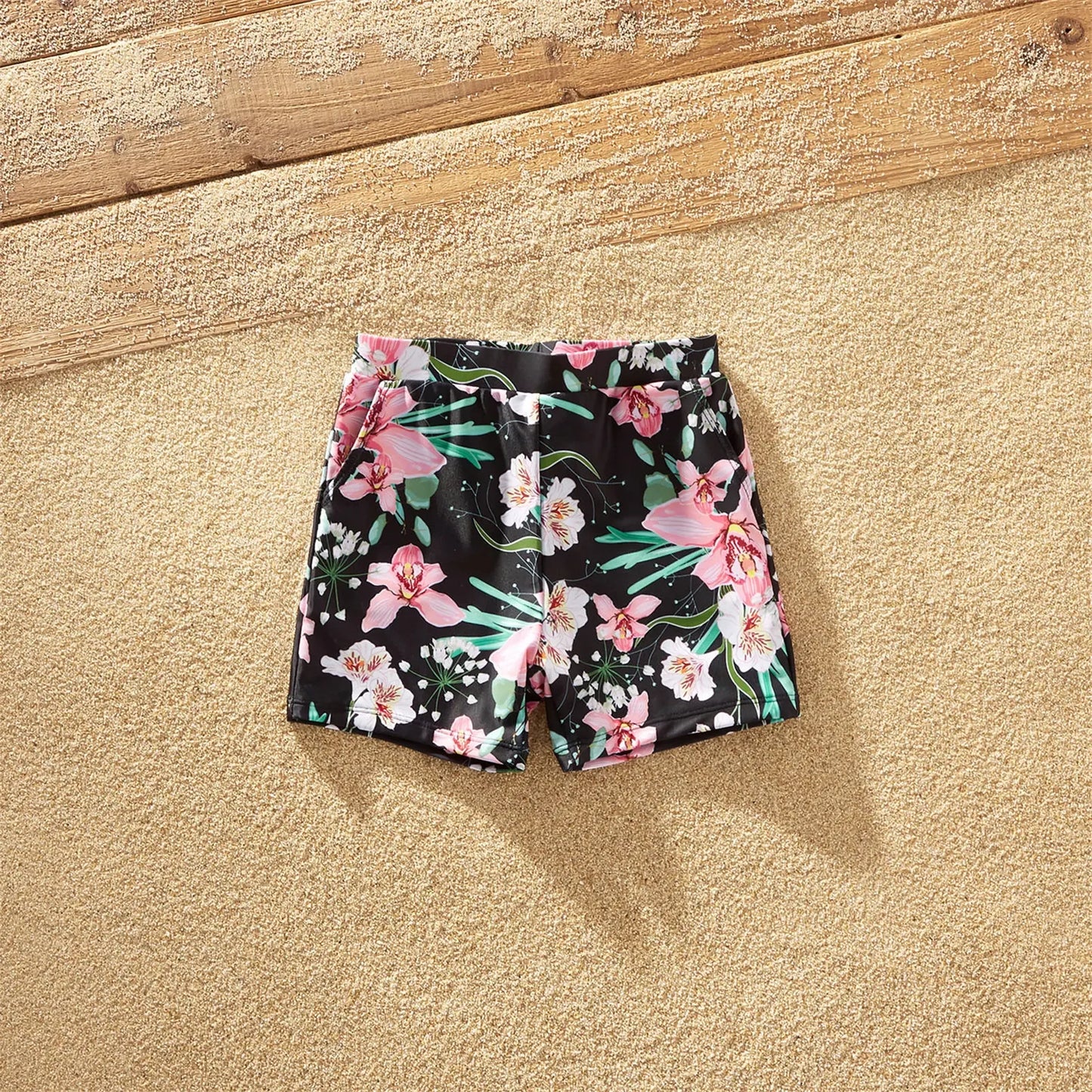 Family Matching All over Floral Print Swim Trunks Shorts and Ruffle-sleeve Belted One-Piece Swimsuit Suitable for Summer