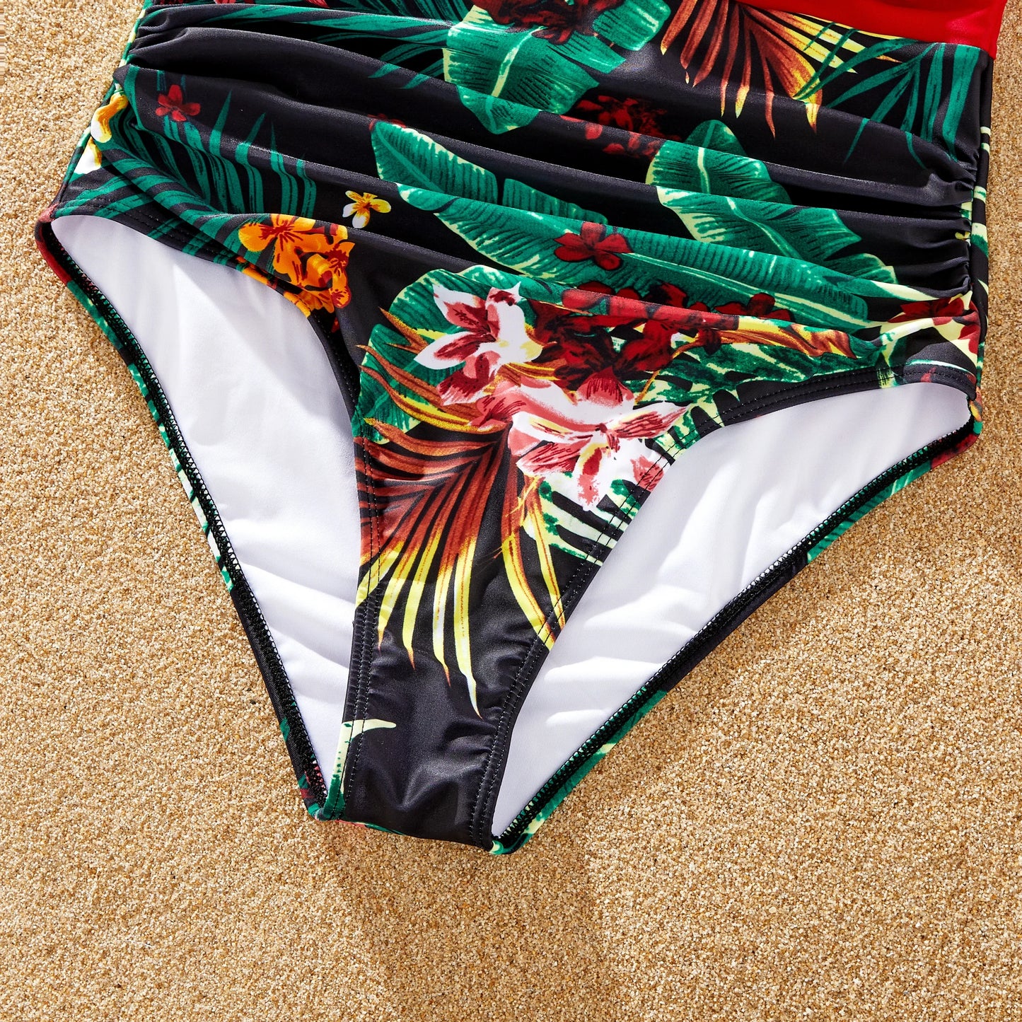 Family Matching Floral Drawstring Swim Trunks or Red Halter Top Spliced Swimsuit Suitable for Summer Season