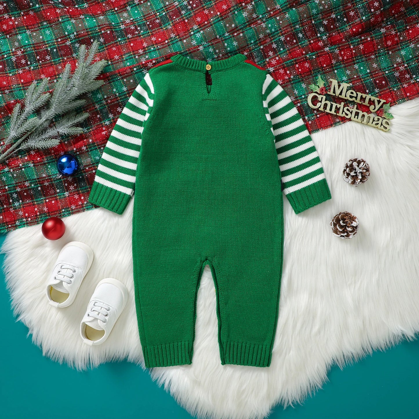 Baby Boy Girl Christmas Romper Knitted With Santa Green Christmas Jumpsuit New Year Costume Newborn Knit Christmas Clothes 0-24M