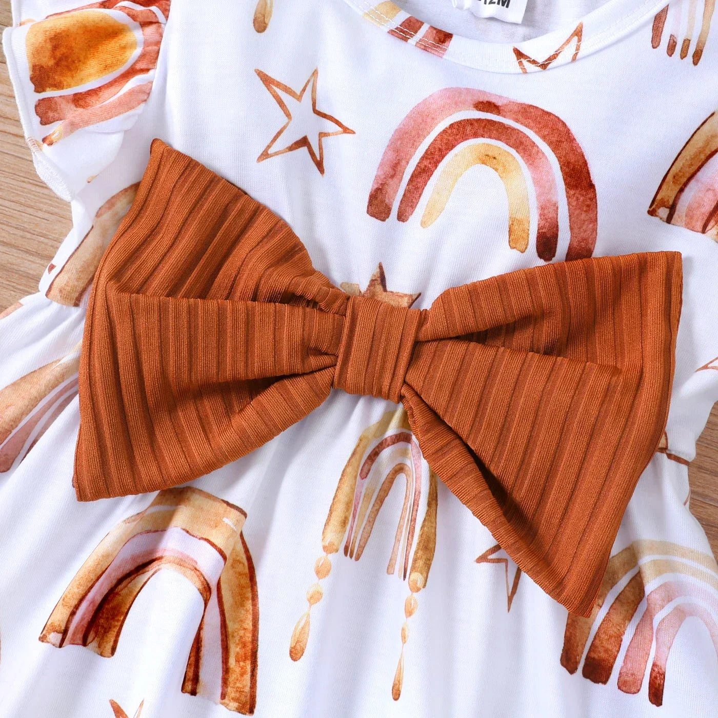 Baby Girl Ribbed Brown/White Rainbow and Star Print Ruffled Flutter Sleeve Bowknot Dress Perfect for Outings Daily Wear