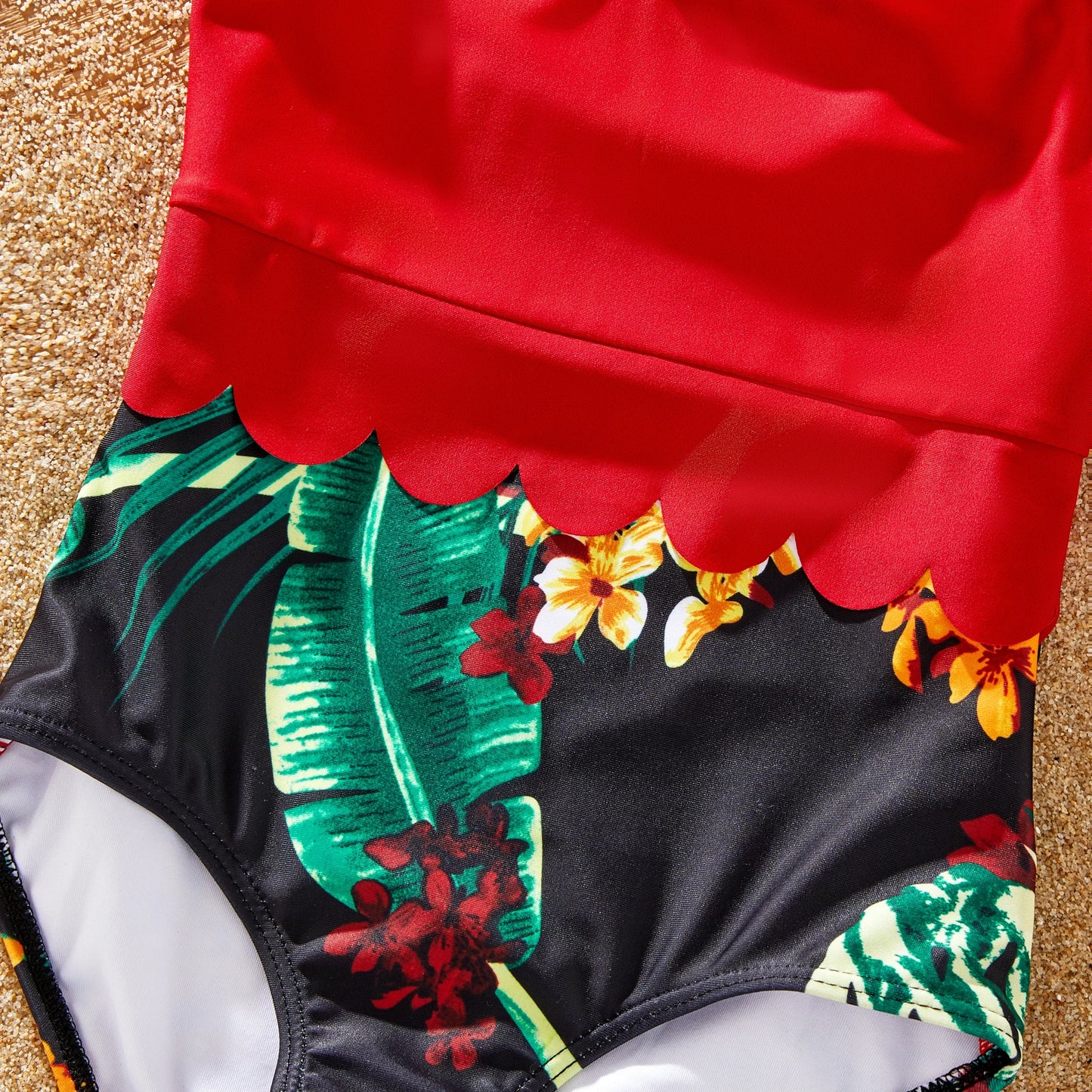 Family Matching Floral Drawstring Swim Trunks or Red Halter Top Spliced Swimsuit Suitable for Summer Season