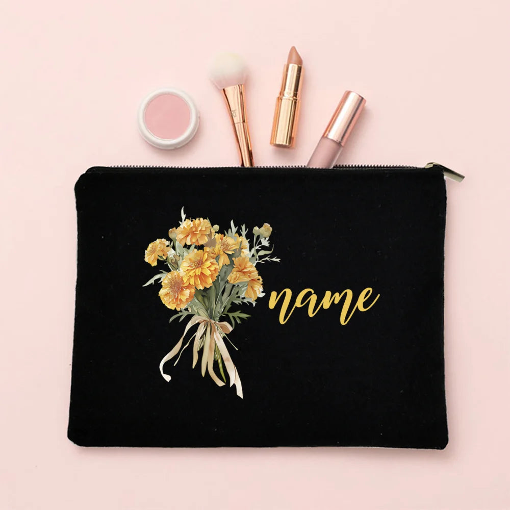 Personalized Makeup Bag Birth Month Flower with Name Cosmetic Case Monogram Toiletry Bags Wendding Birthday Holiday Gift for Her