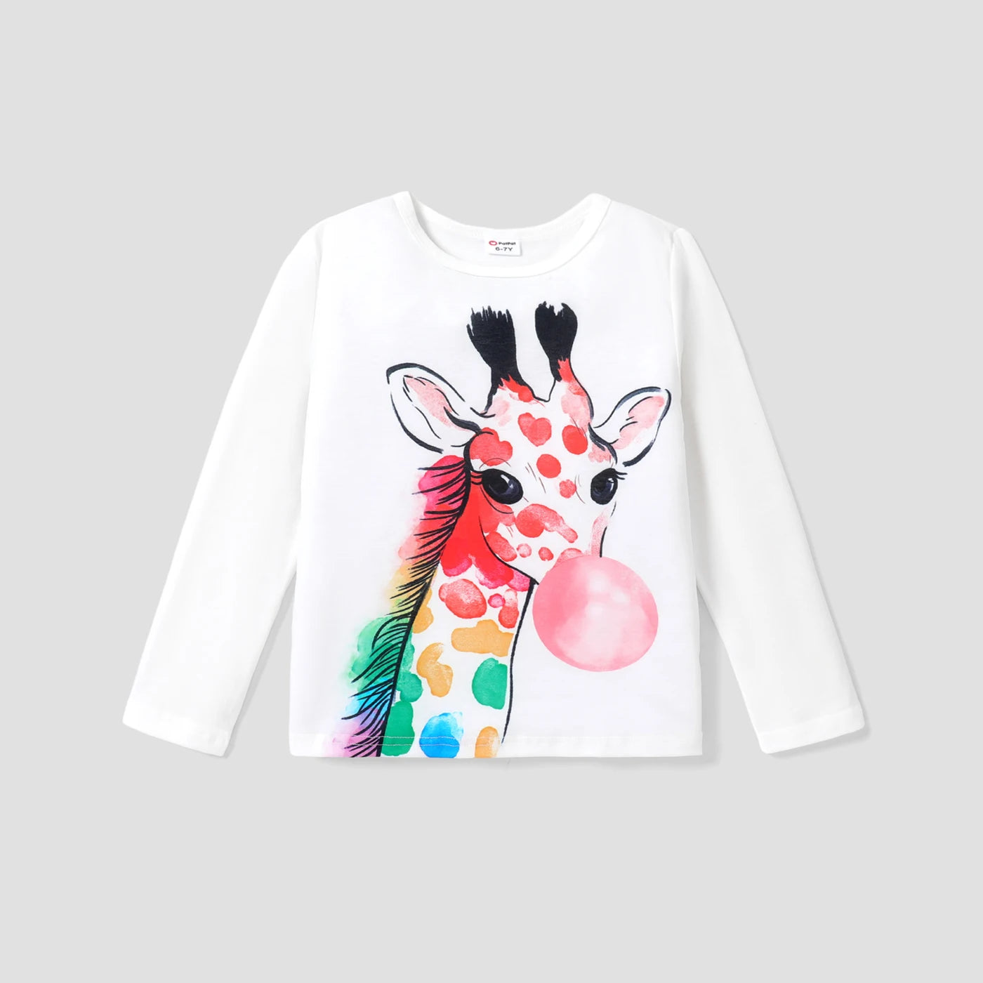 Kid Girl Giraffe Print Long-sleeve White Tee