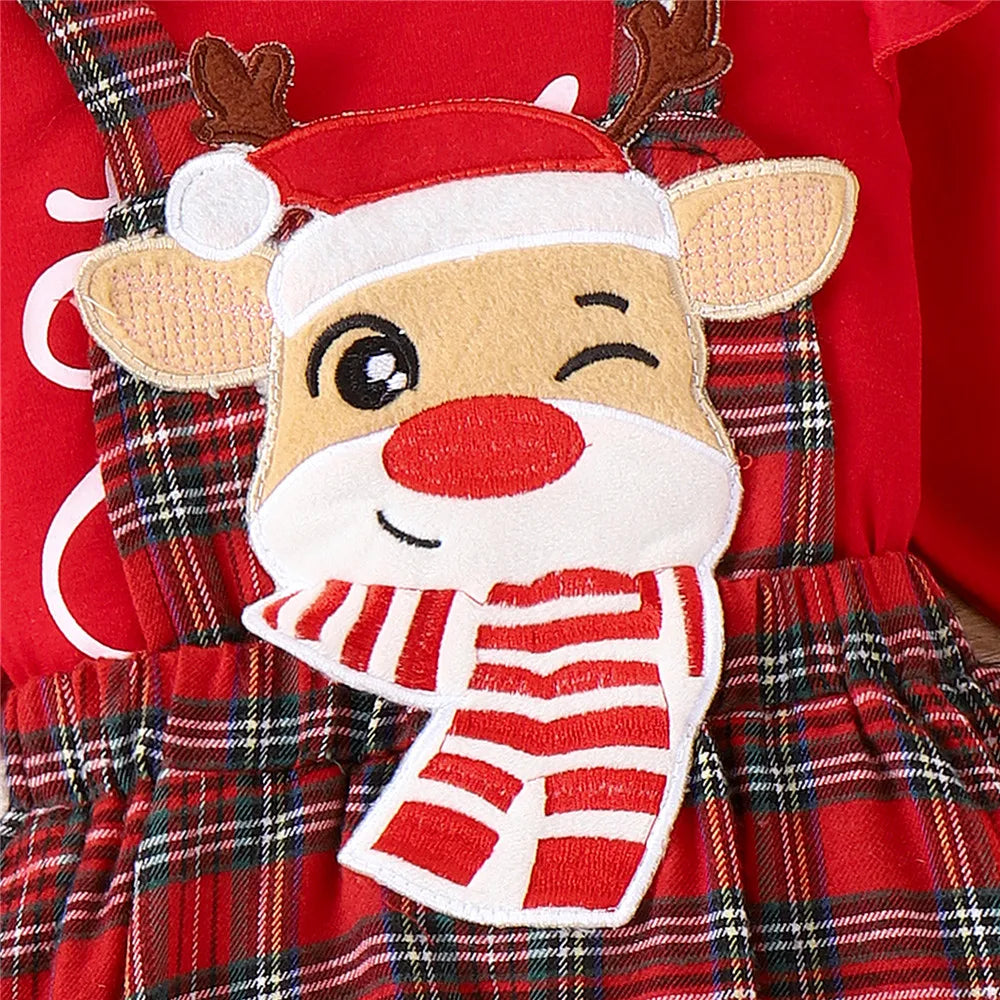 Newborn Infant Baby Girls Christmas Clothes Outfits Letter Print Romper Cartoon Deer Plaid Skirts Headwear Xmas Gifts Costume