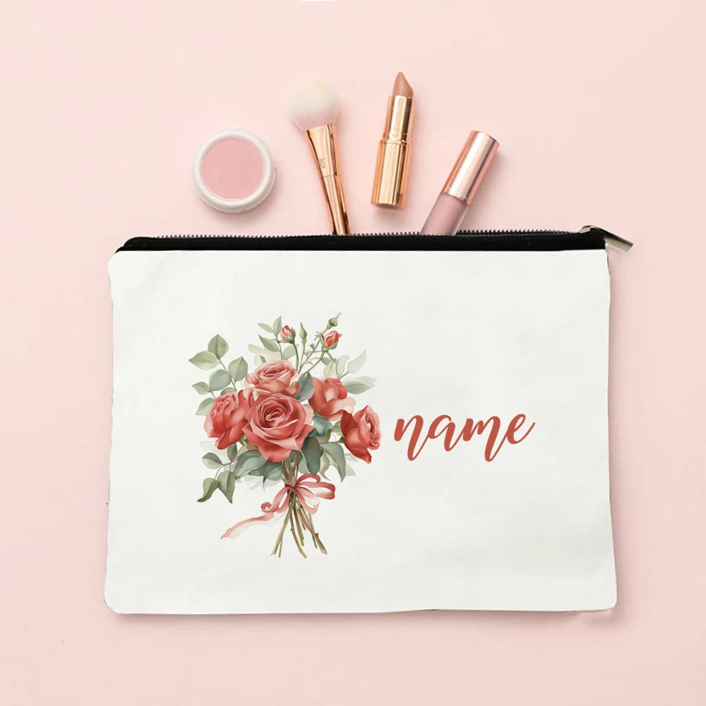 Personalized Makeup Bag Birth Month Flower with Name Cosmetic Case Monogram Toiletry Bags Wendding Birthday Holiday Gift for Her