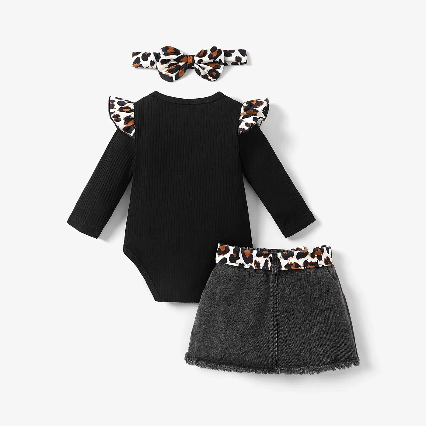 Baby Girl 100% Cotton Leopard Print Belted Ripped Denim Skirt and Letter Print Rib Knit Long-sleeve Romper 3pcs