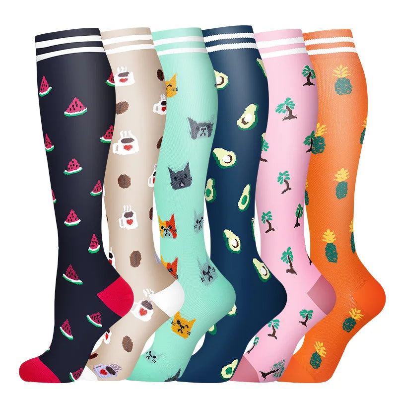 6 PAIRS Flowers Animal Fruit Compression Socks for Men Women Running Nurse Socks Nurses Sport Ladies Lady Womens Running