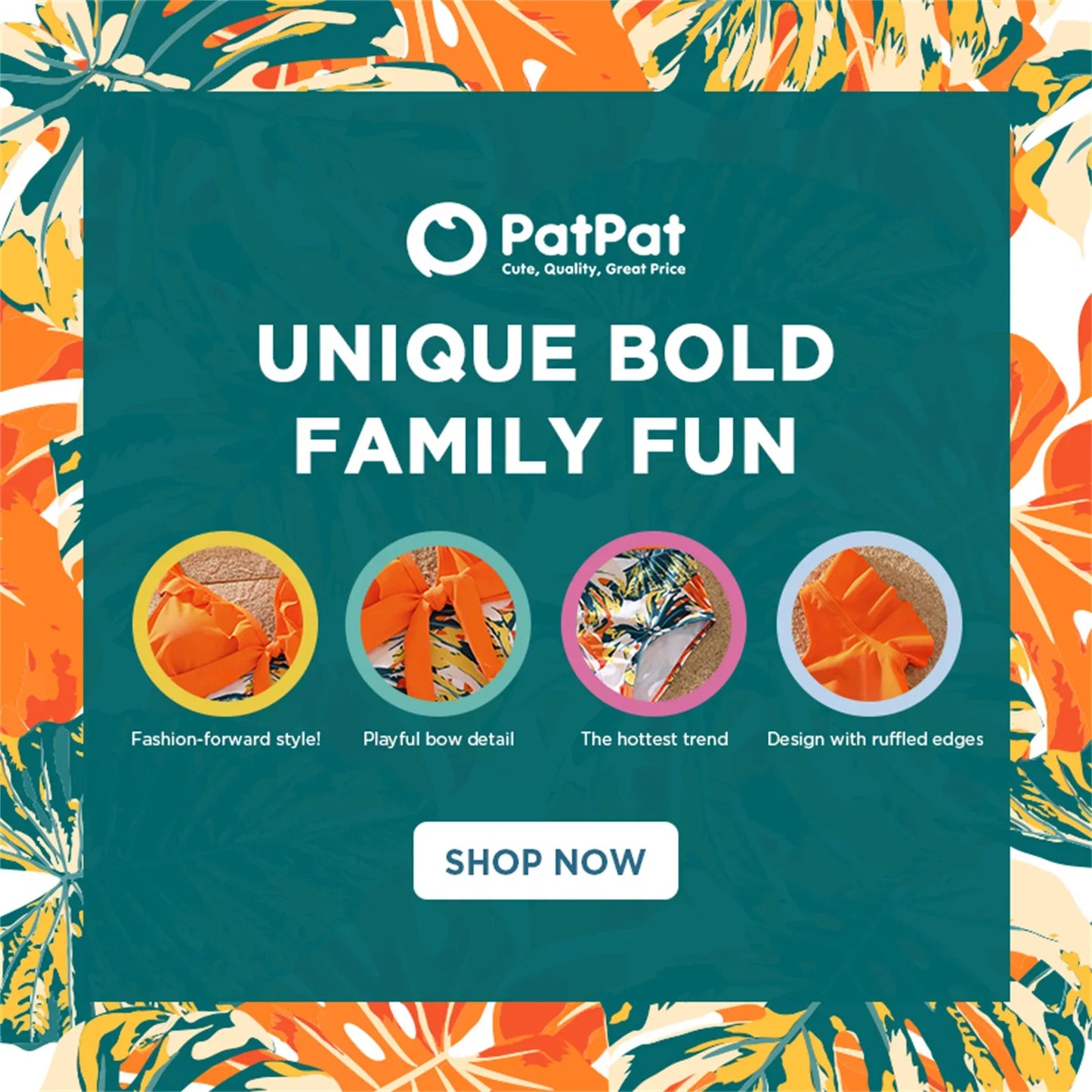 Family Matching Swimsuit Orange All Over Tropical Plant Print Splicing Ruffle One-Piece Swimsuit and Swim Trunks Shorts