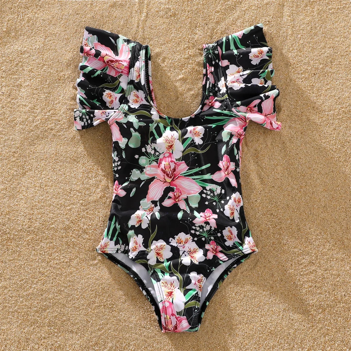 Family Matching All over Floral Print Swim Trunks Shorts and Ruffle-sleeve Belted One-Piece Swimsuit Suitable for Summer