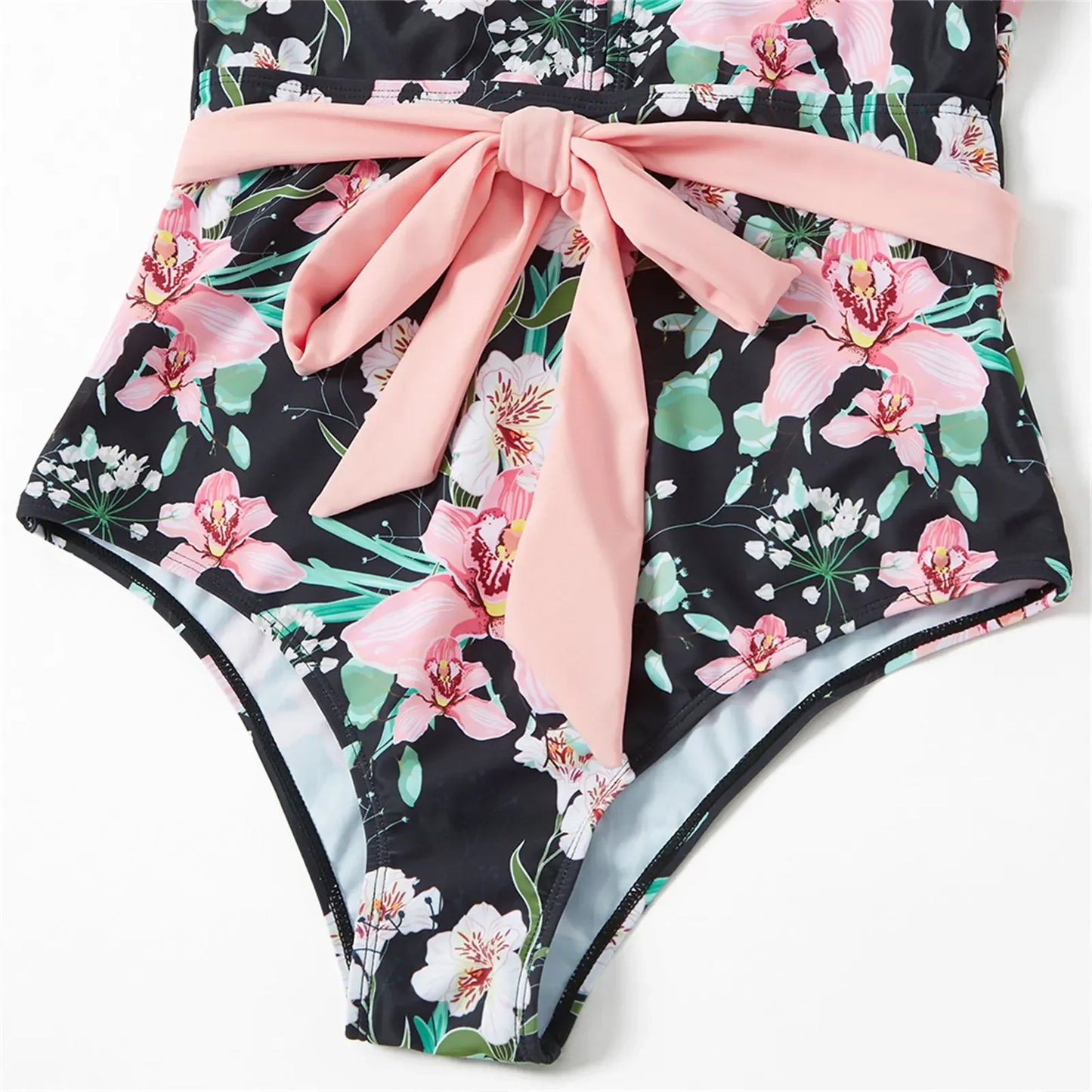 Family Matching All over Floral Print Swim Trunks Shorts and Ruffle-sleeve Belted One-Piece Swimsuit Suitable for Summer