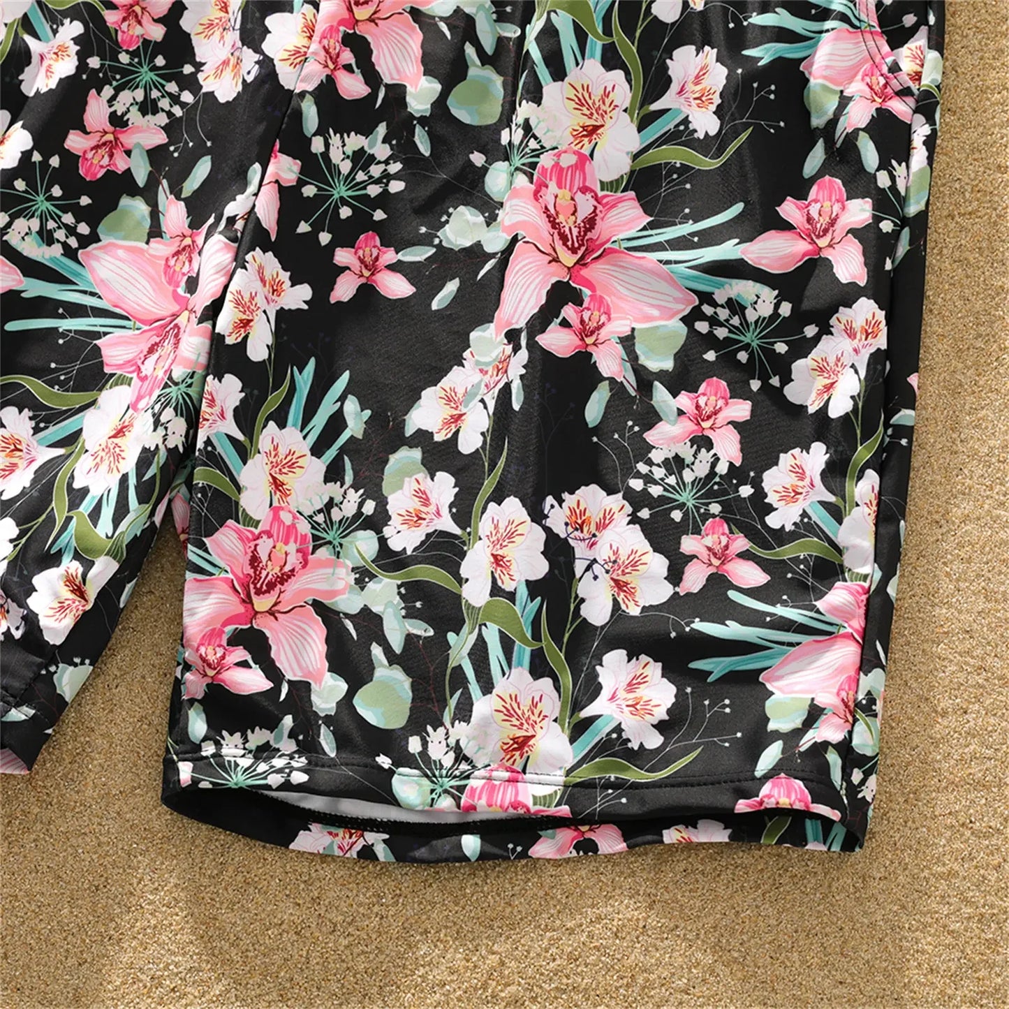 Family Matching All over Floral Print Swim Trunks Shorts and Ruffle-sleeve Belted One-Piece Swimsuit Suitable for Summer