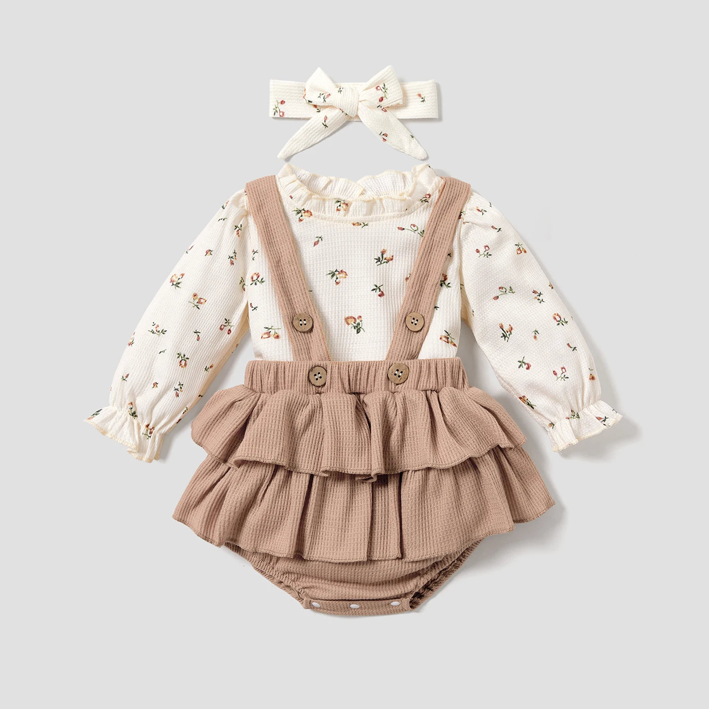 Baby Floral Print Long-sleeve Top and Ruffle Suspender Skirted Shorts Set Perfect for Outings and Daily Wear 3pcs