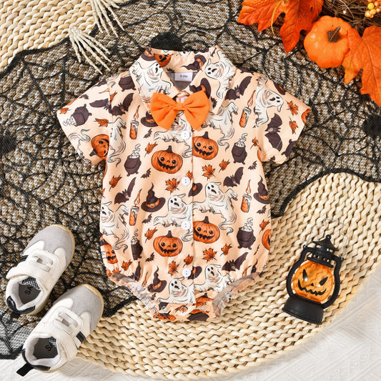 Halloween Toddler Infant Newborn Baby Boy Romper Pumpkin Ghost Print Jumpsuit Little Gentleman Costumes Clothing 3-18M