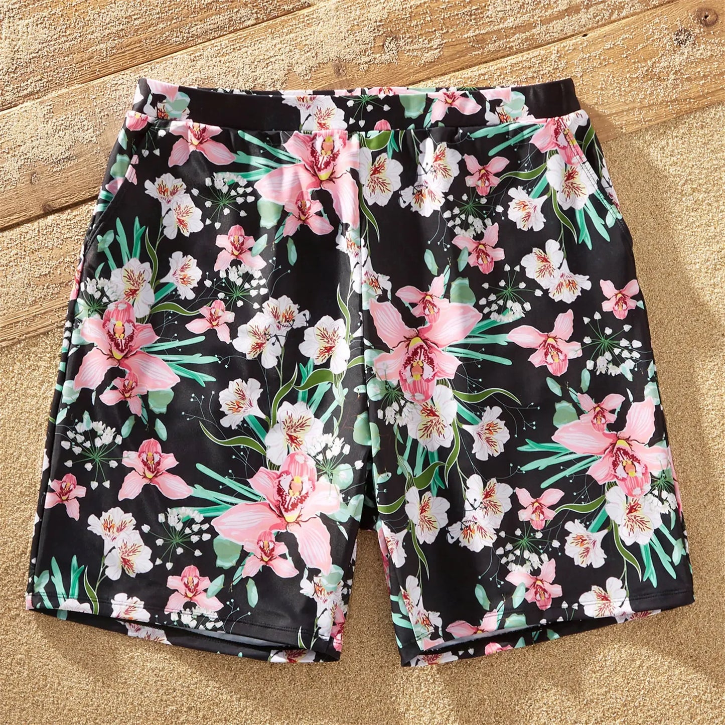 Family Matching All over Floral Print Swim Trunks Shorts and Ruffle-sleeve Belted One-Piece Swimsuit Suitable for Summer