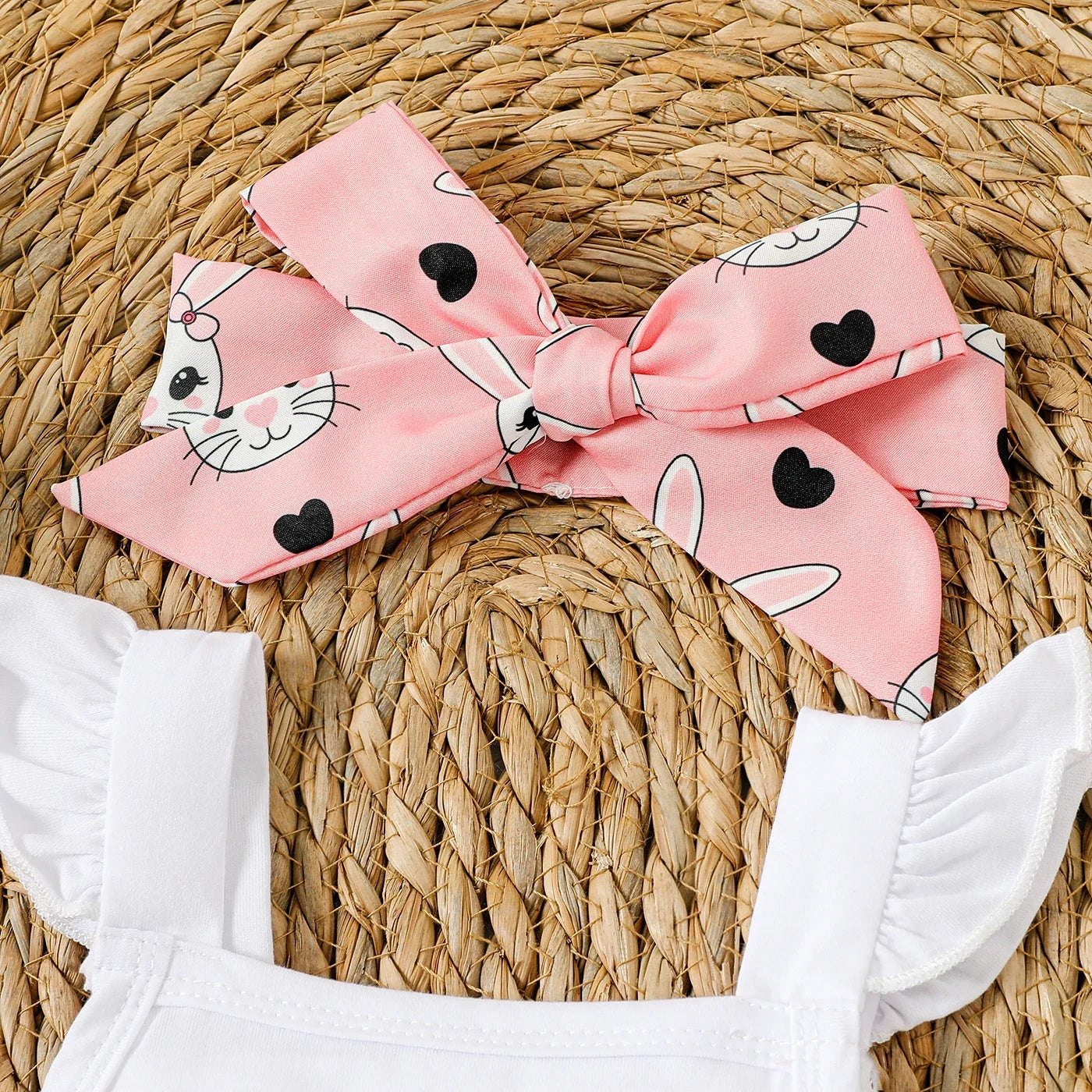 Baby Girl Rabbit Print Flutter-sleeve Faux-two Romper & Headband Set Suitable for Summer Season 2pcs