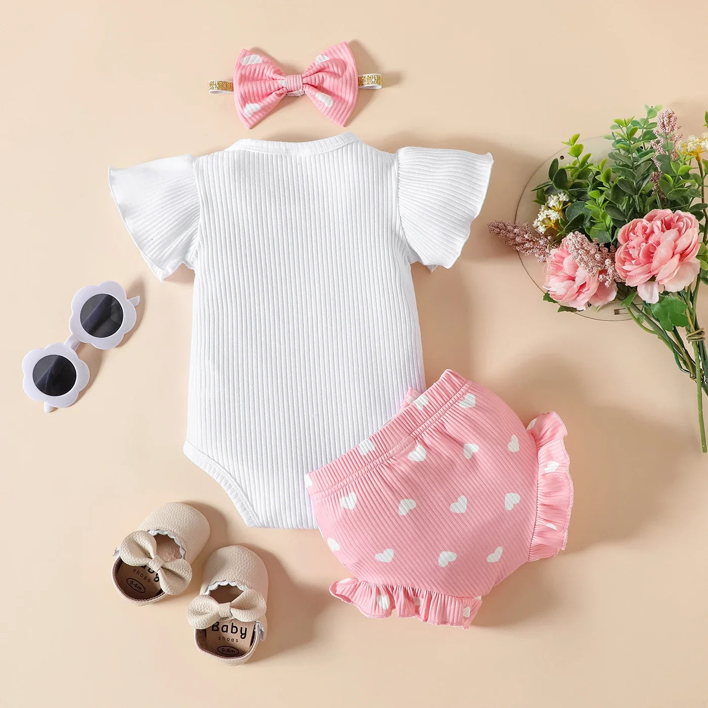 Baby Girl 95% Cotton Letter Print Ribbed Bodysuit and Shorts and Bow Headband Set Soft and Comfortable 3pcs