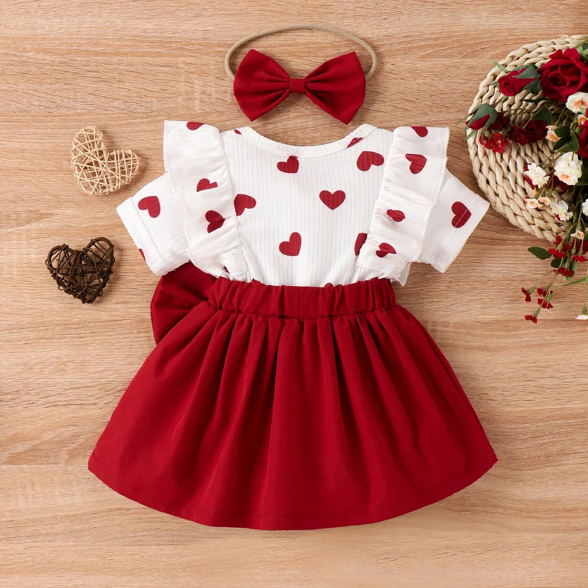 Baby Girl Heart Print Ruffled Short-sleeve Faux-two Bow Front Dress & Headband Set Soft and Comfortable 2pcs