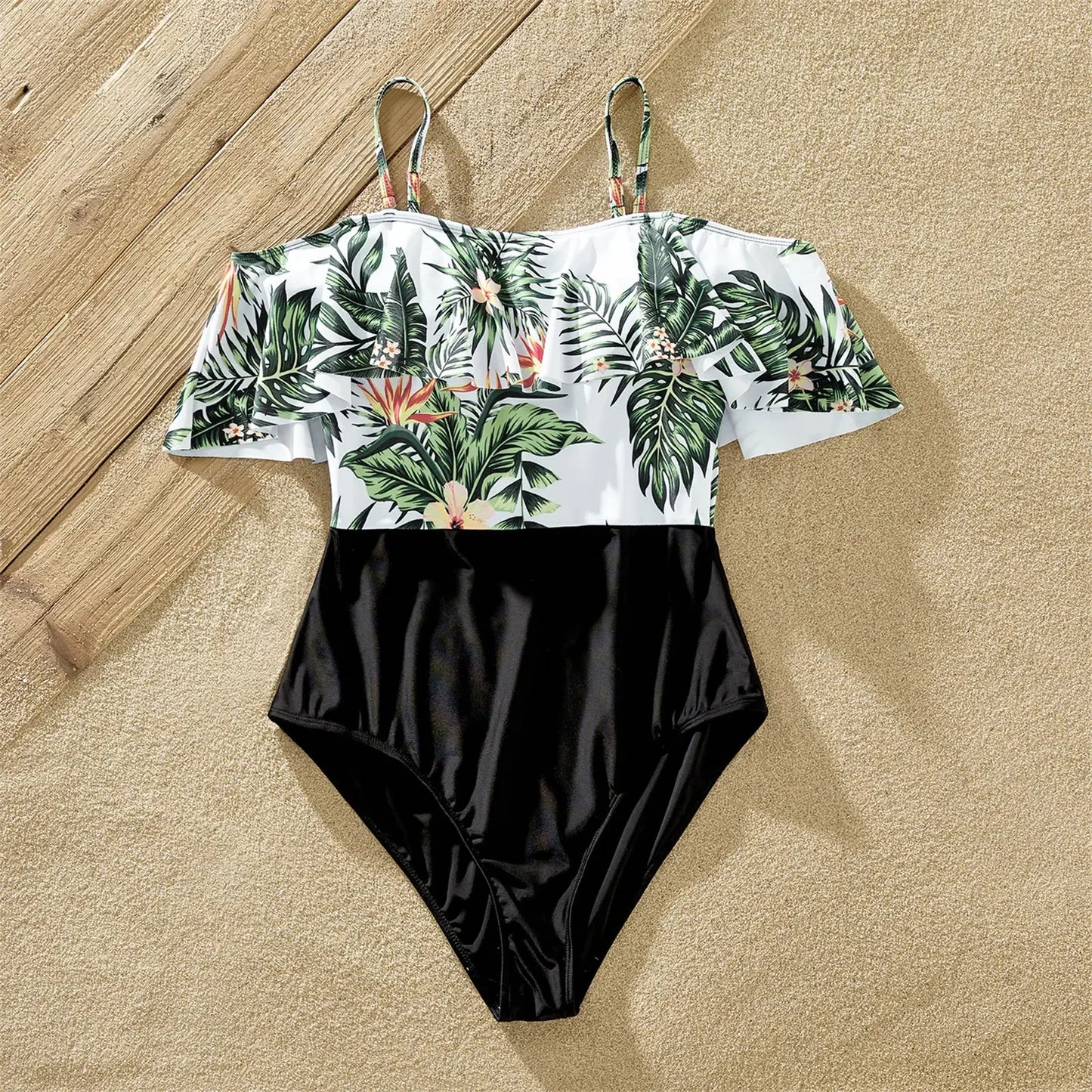 Summer Family Matching Swimsuit One Piece Plant Flounce Plumeria Print Family Matching Swimsuit Swimwear Clothes Sets