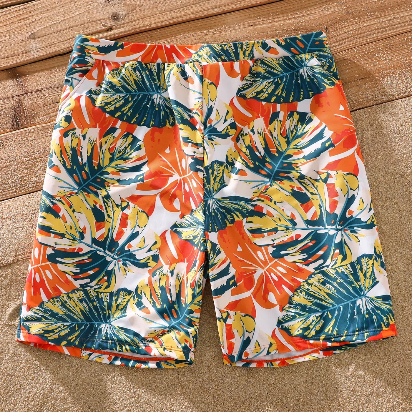 Family Matching Swimsuit Orange All Over Tropical Plant Print Splicing Ruffle One-Piece Swimsuit and Swim Trunks Shorts