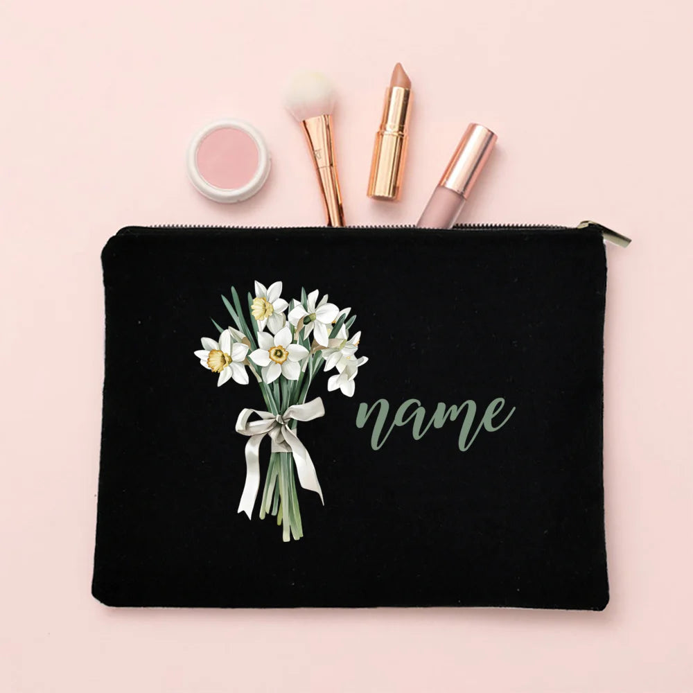 Personalized Makeup Bag Birth Month Flower with Name Cosmetic Case Monogram Toiletry Bags Wendding Birthday Holiday Gift for Her