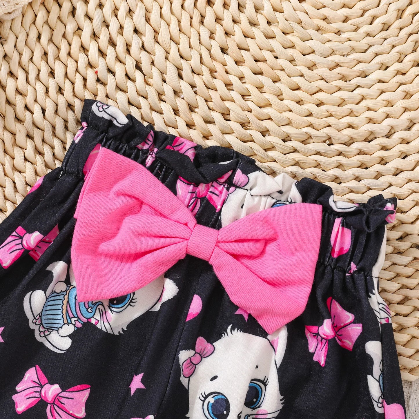 Three-piece Baby Baby Girl Baby Girl Cute cat graphic print short sleeve women's dress and shorts and headscarf set