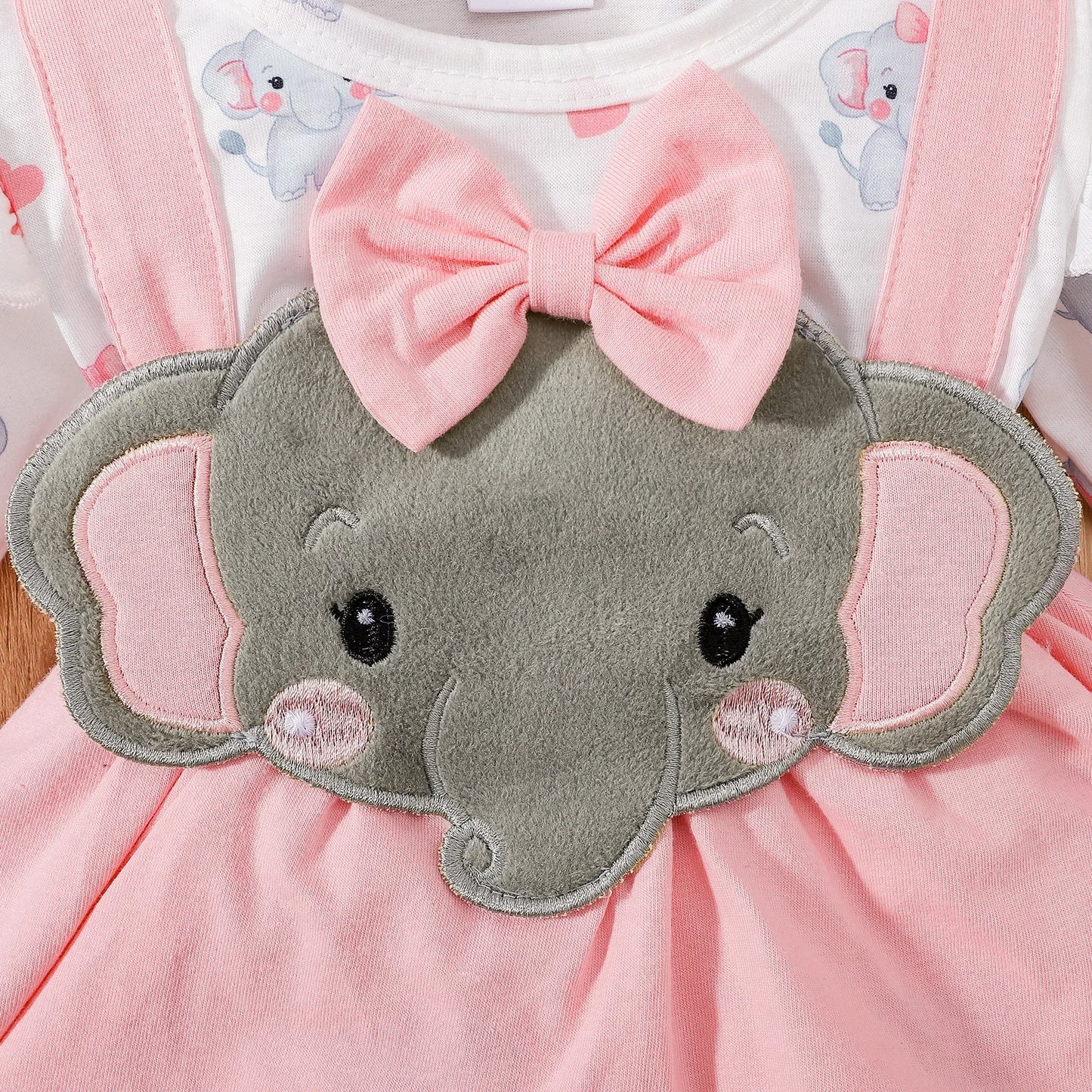 Baby Girl 95% Cotton Long-sleeve Elephant Romper Dress Set Soft and Comfortable  Perfect for Outings 3pcs