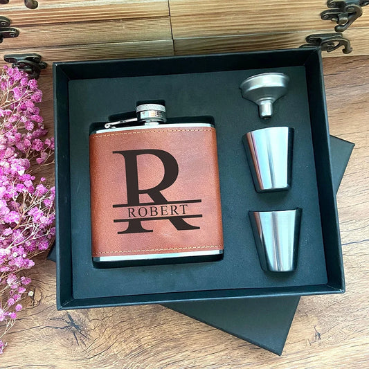 Personalized Flask 6oz Leather Hip Flask Engraved Stainless Steel Flask Best Man Groom Gift Wedding Favours Customized