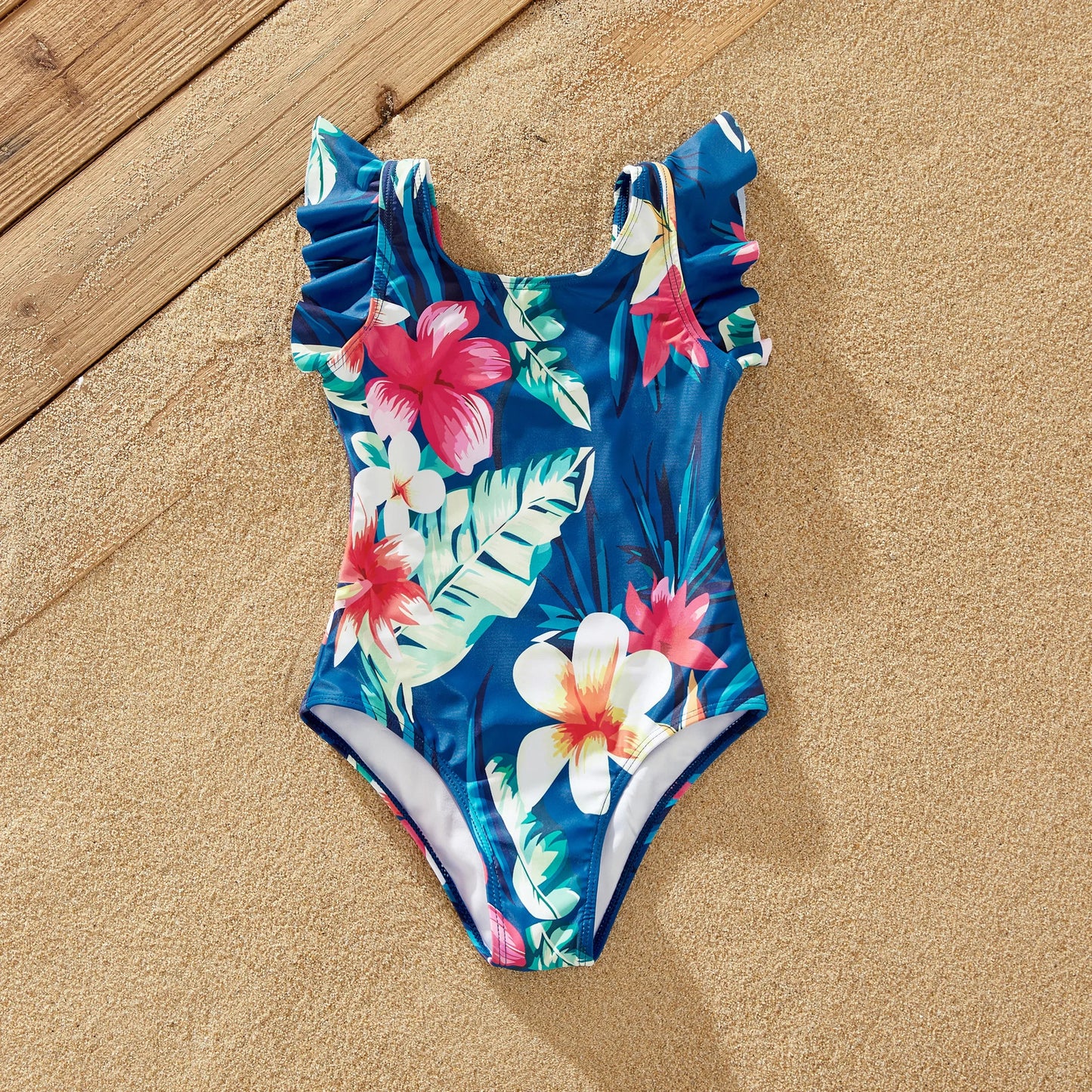 Family Matching Floral Drawstring Swim Trunks or Flutter Sleeves Knot Side One-piece Swimsuit Suitable for Summer Season