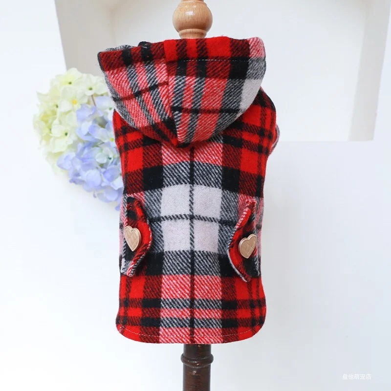 Pet Clothes Dog Cat Autumn and Winter Thickened Warm Red Plaid Hat Coat Windbreaker Suitable for Small and Medium sized Dogs 1PC